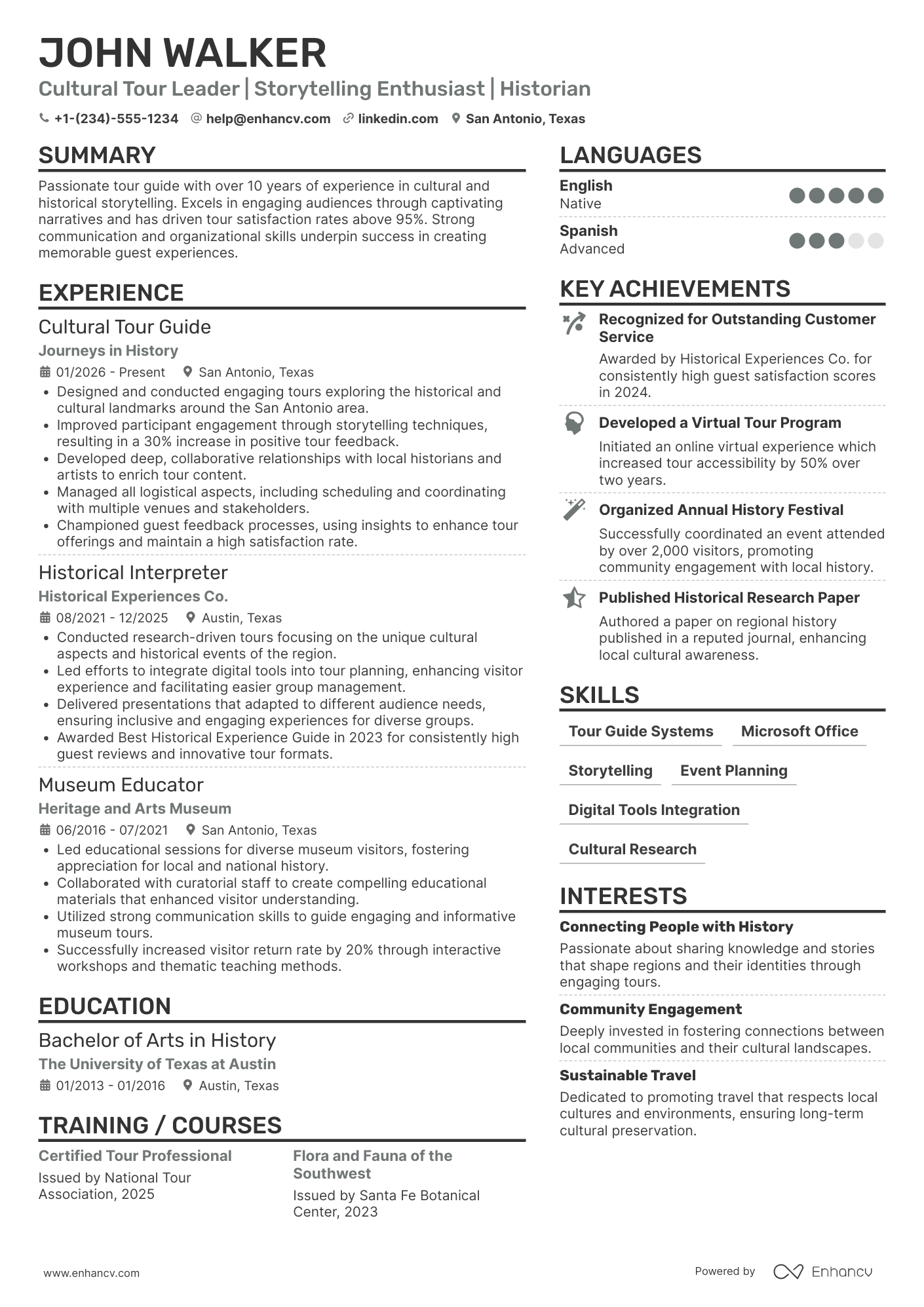 A resume example of a Cultural Tour Guide