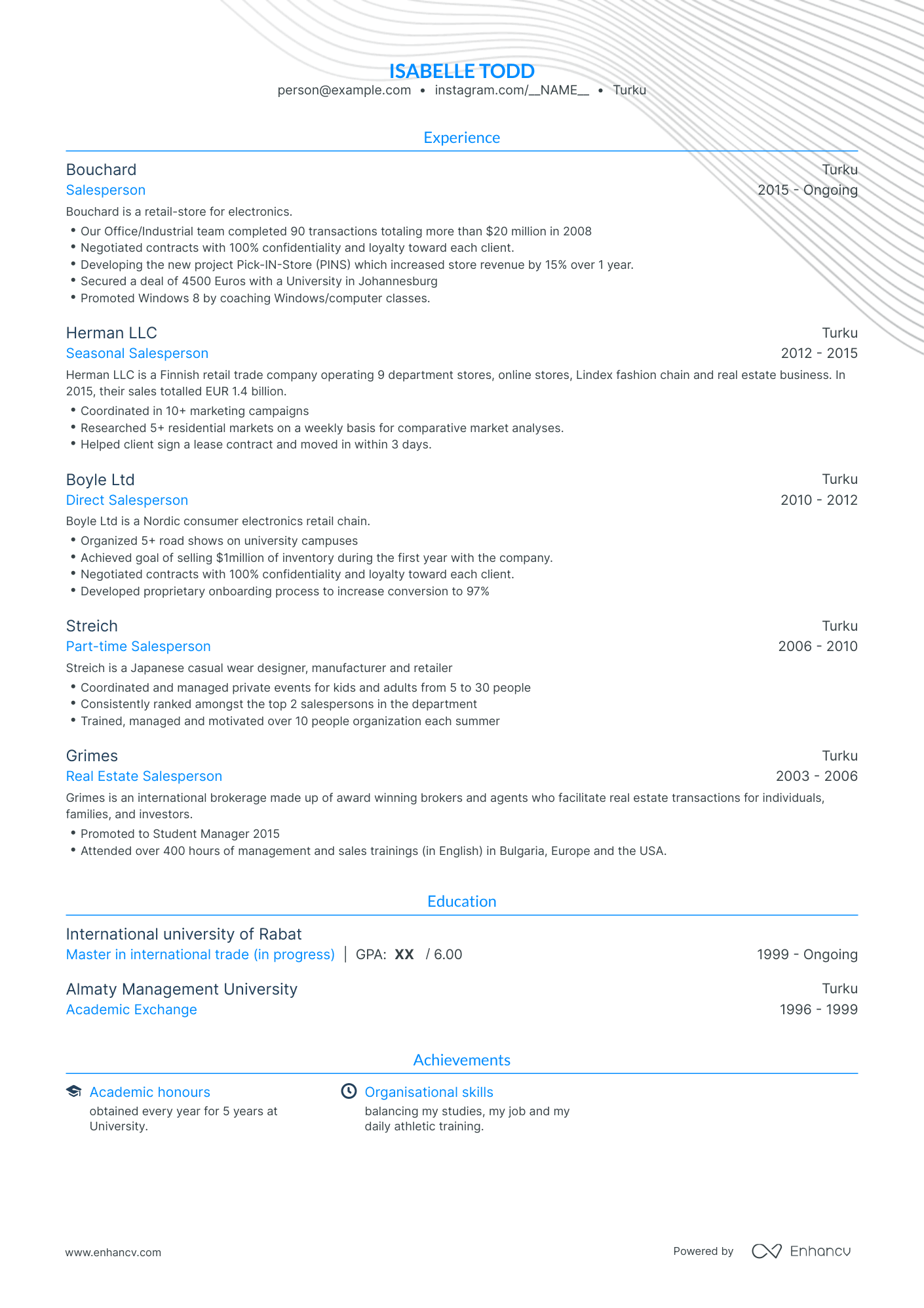 Traditional Sales Person Resume Template