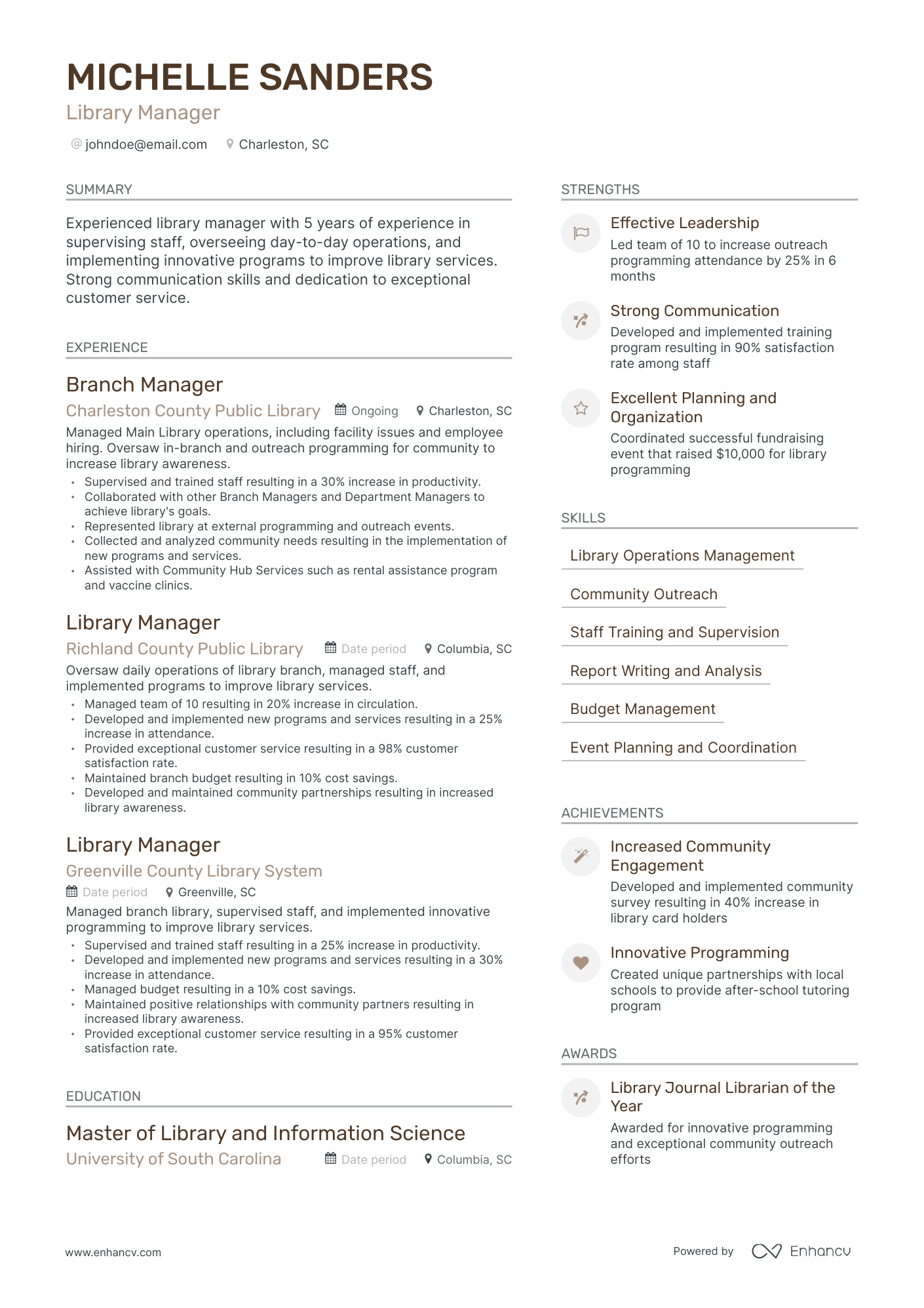 Modern Library Manager Resume Template