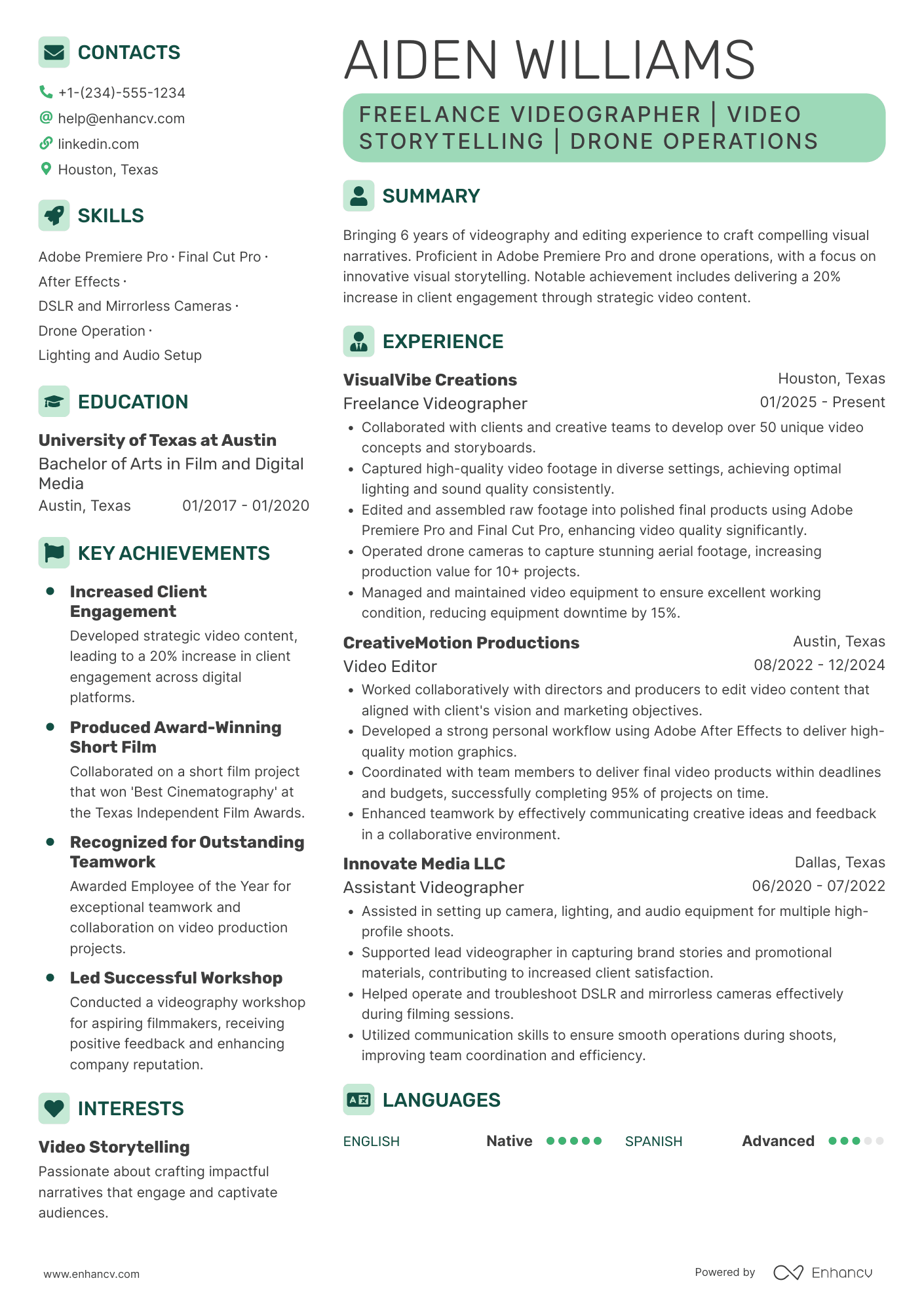 A resume example of a Freelance Videographer