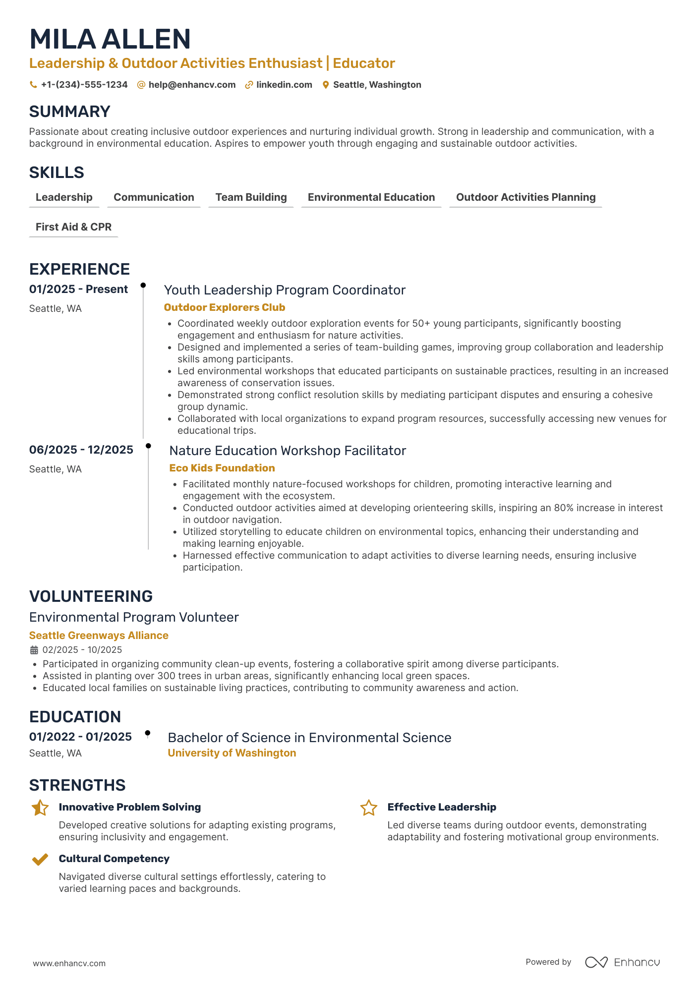 A resume example of a Camp Counselor Intern
