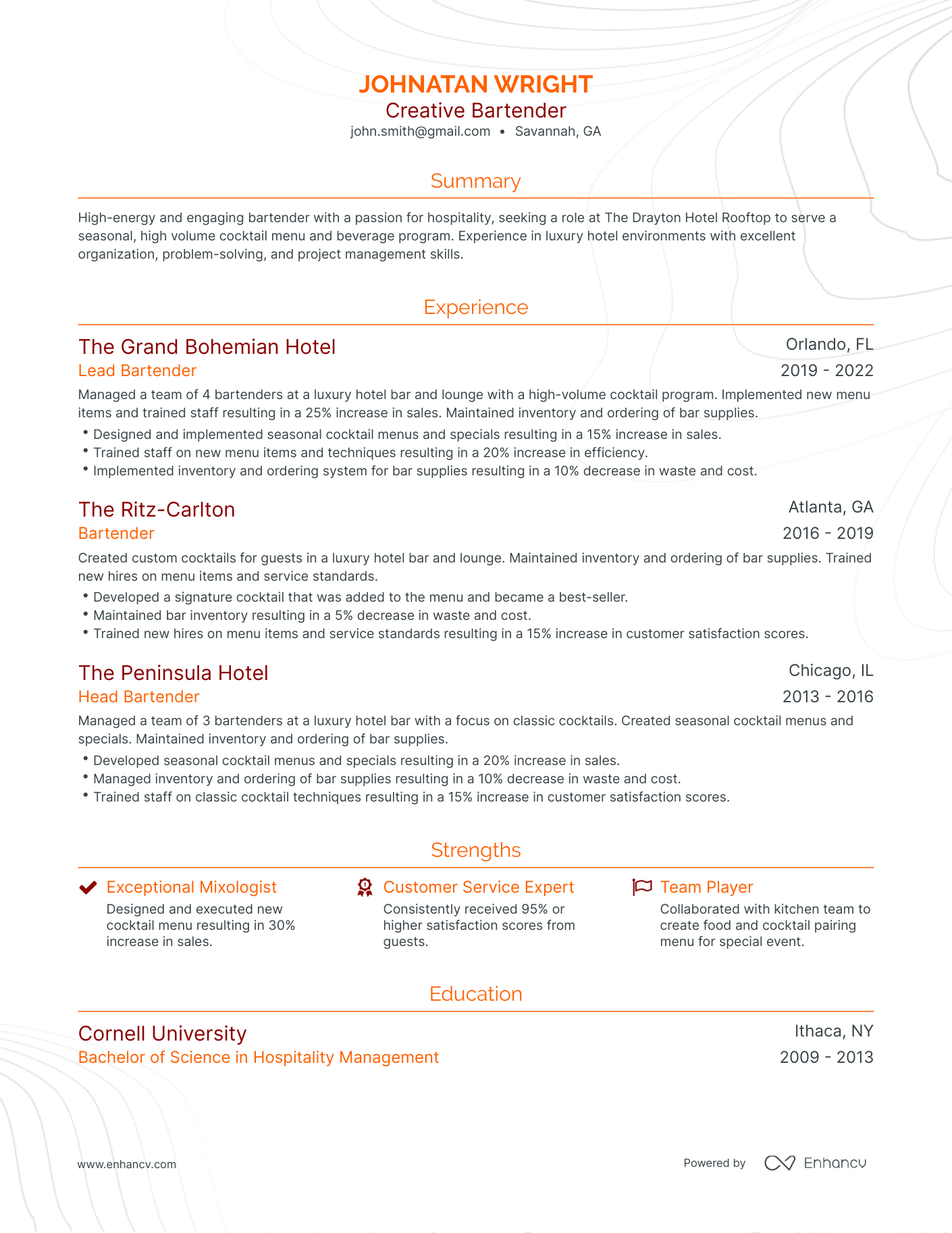 Traditional Creative Bartender Resume Template