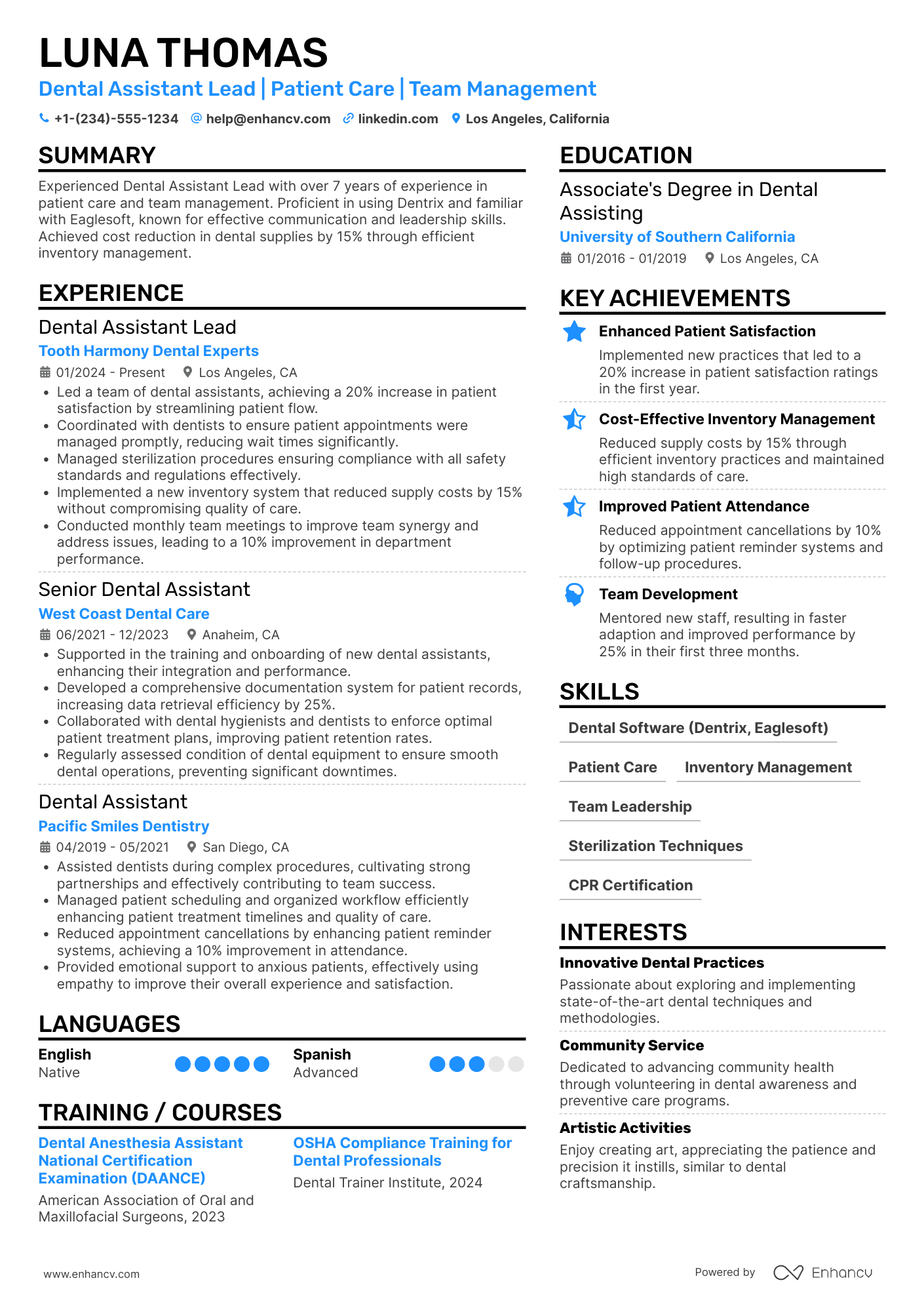 A resume example of a Dental Assistant Department Head