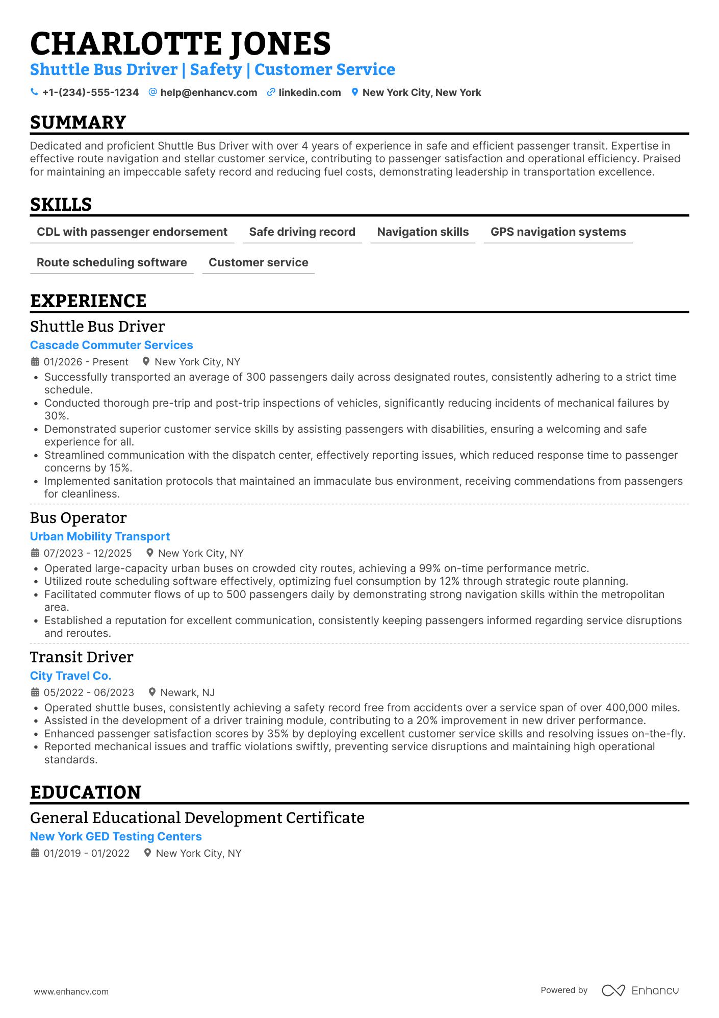 A resume example of a Shuttle Bus Driver