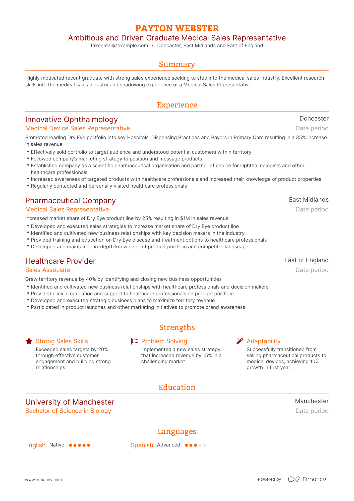 Traditional Medical Device Sales Representative Resume Template