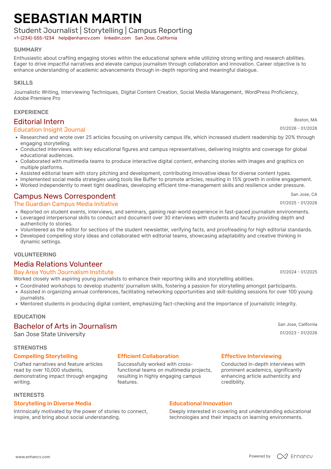 A resume example of a Student Journalist