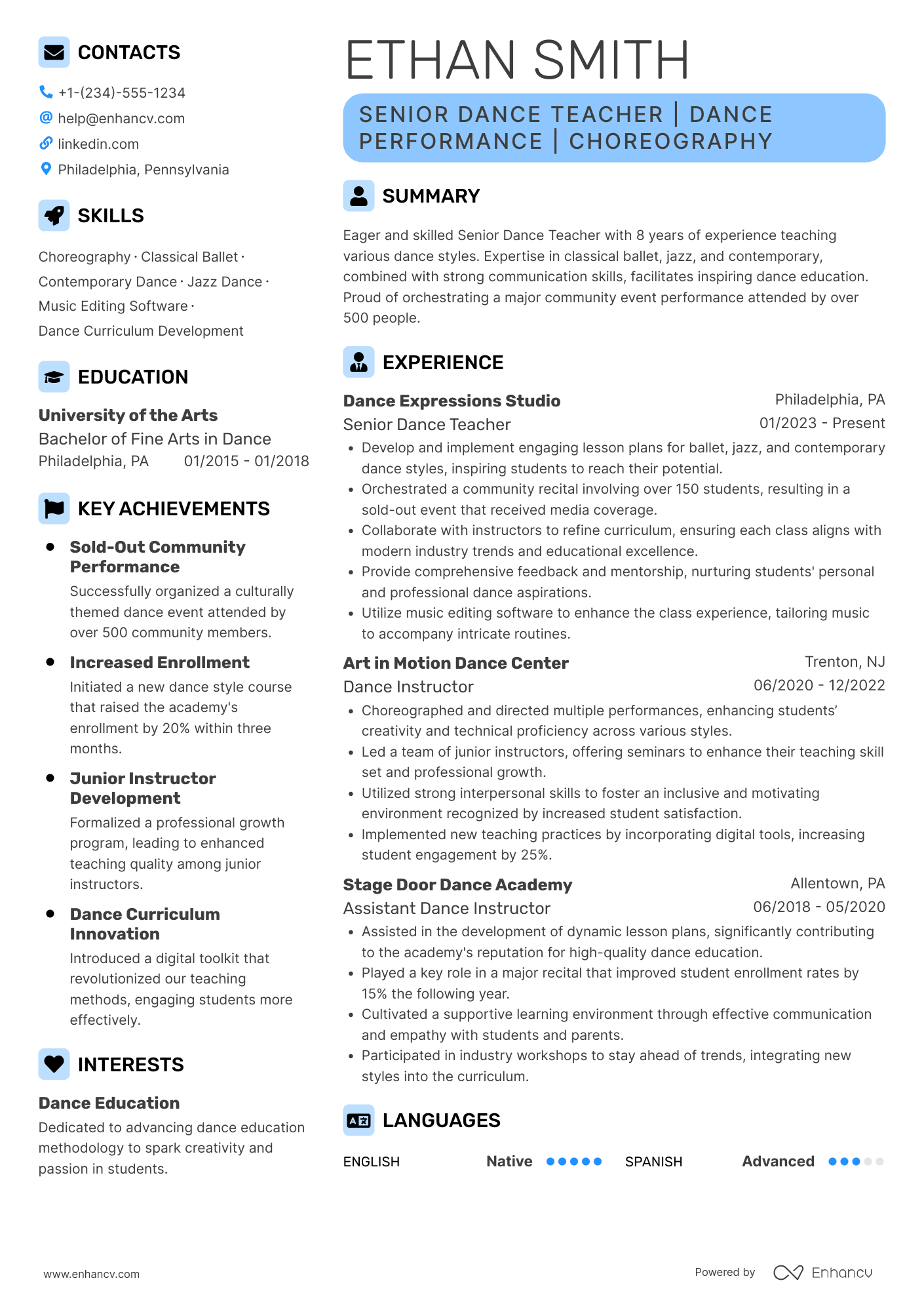 A resume example of a Senior Dance Teacher