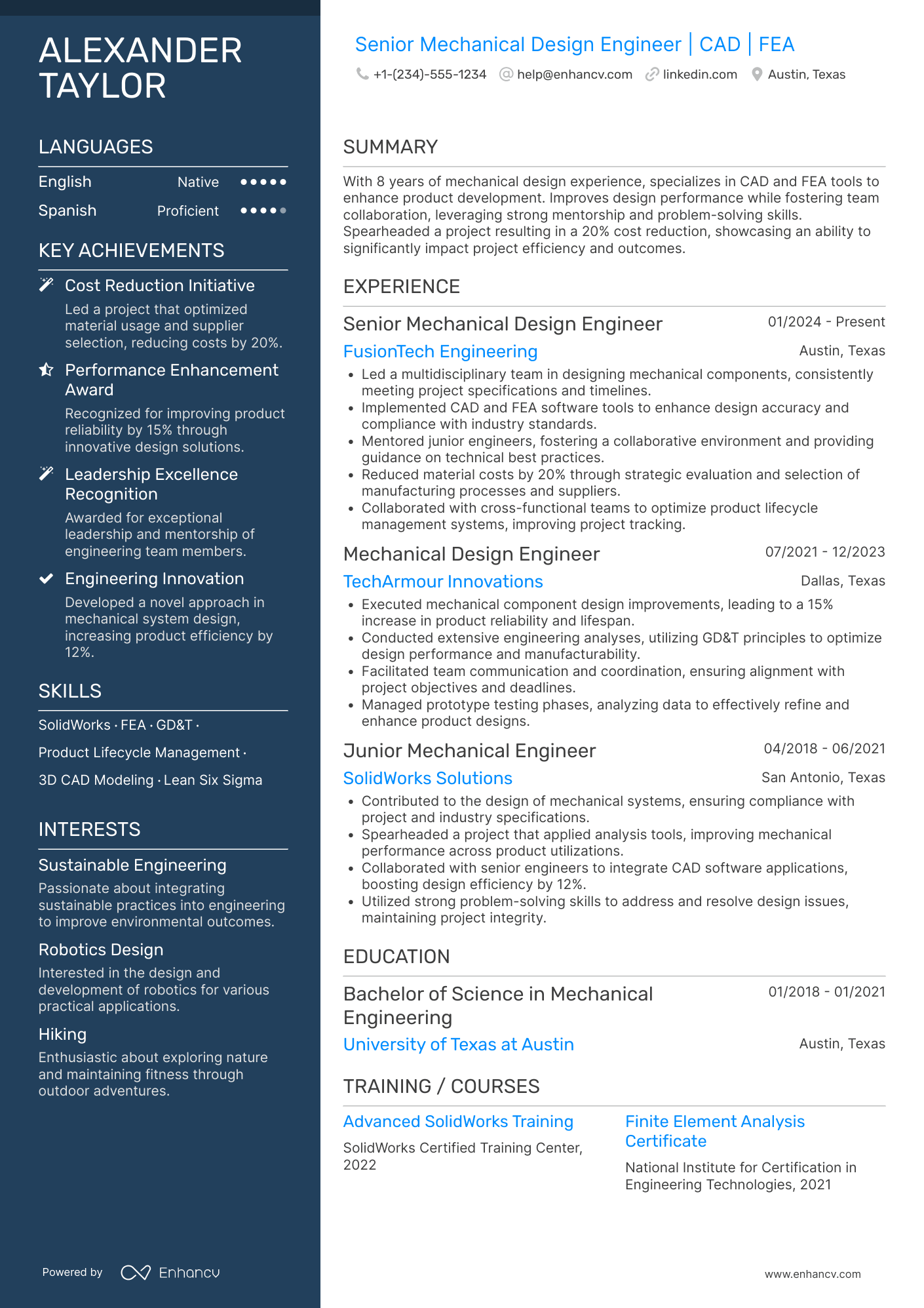 A resume example of a Senior Mechanical Design Engineer