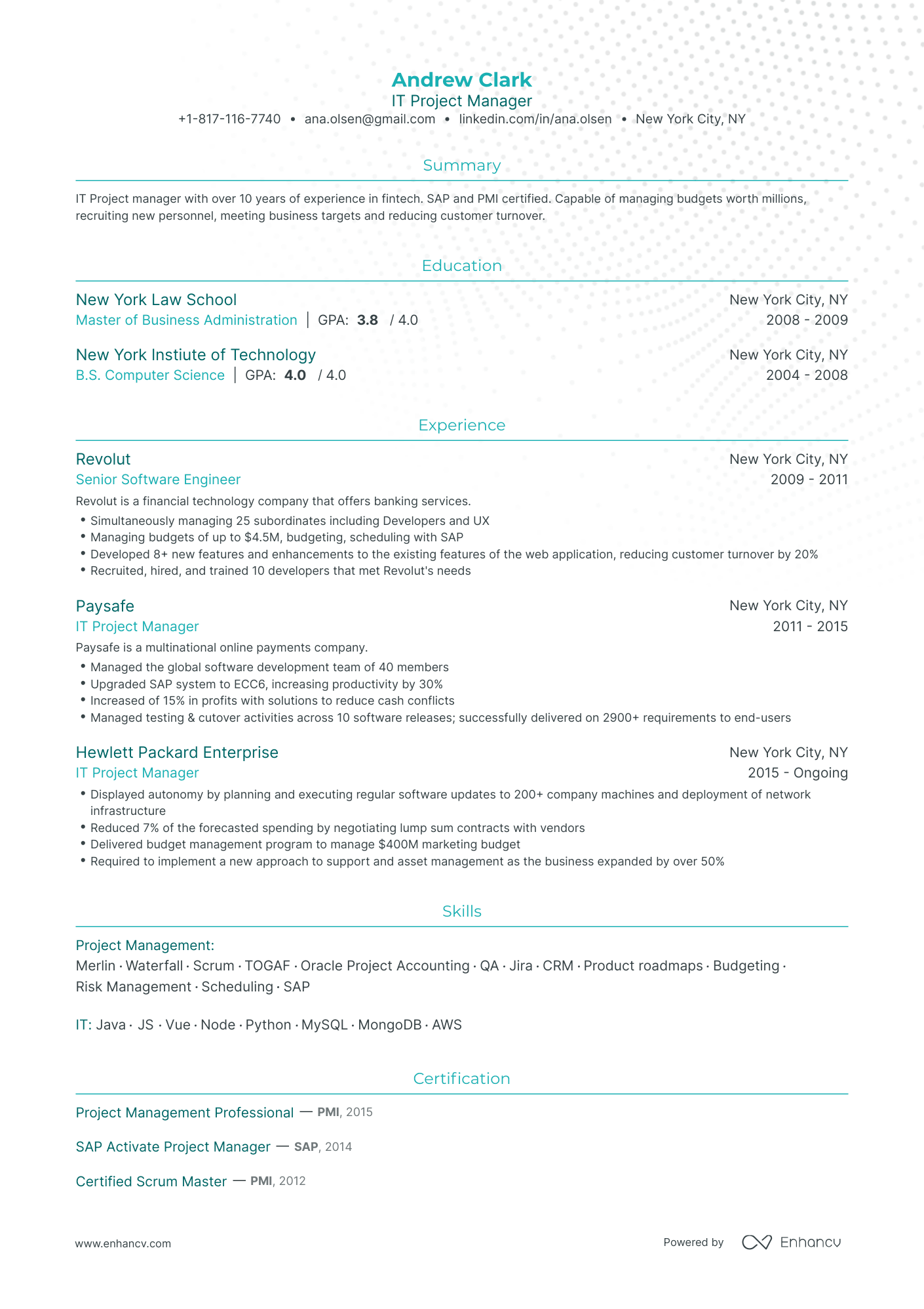 Traditional IT Project Manager Resume Template