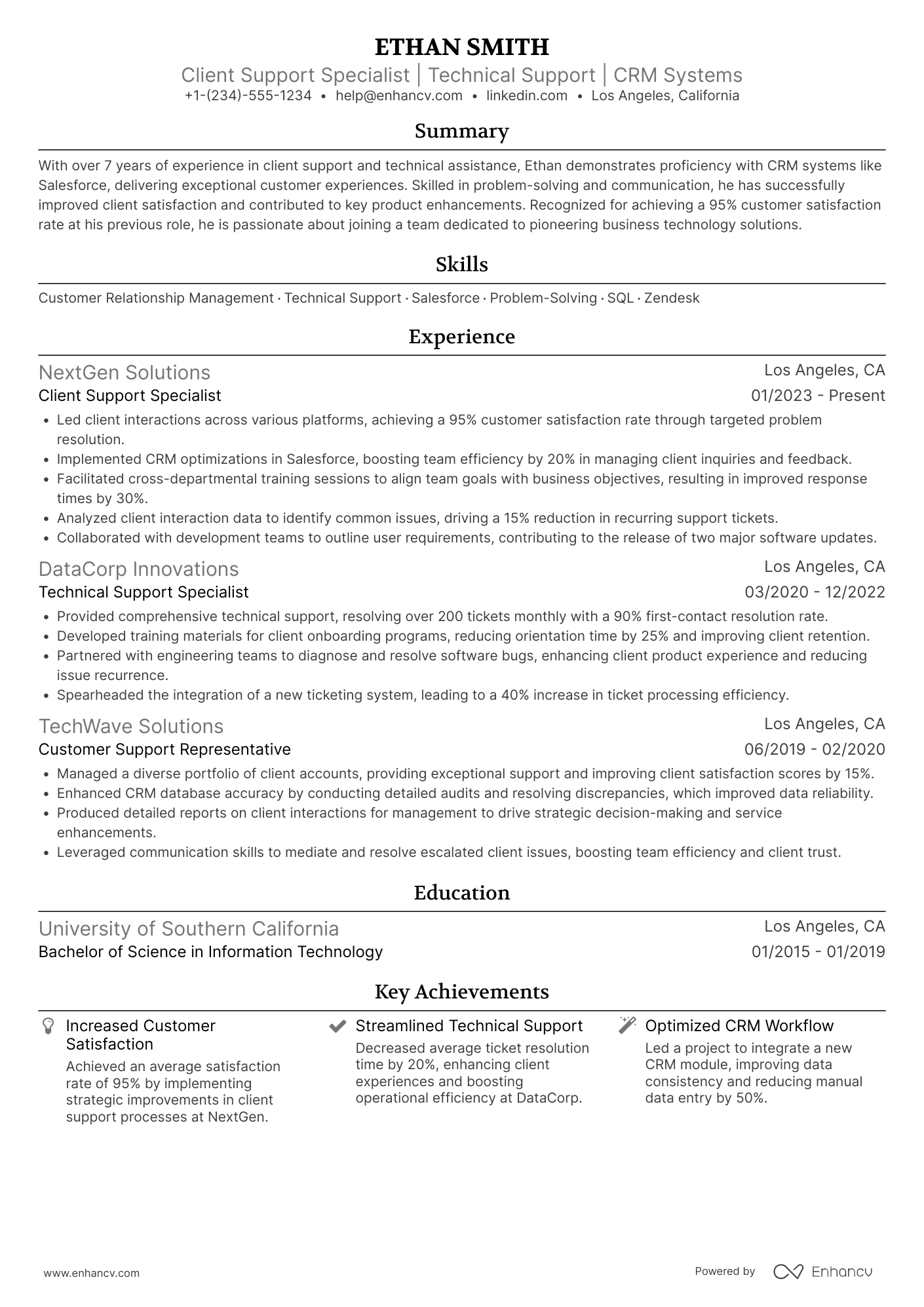A resume example of a Client Support Specialist