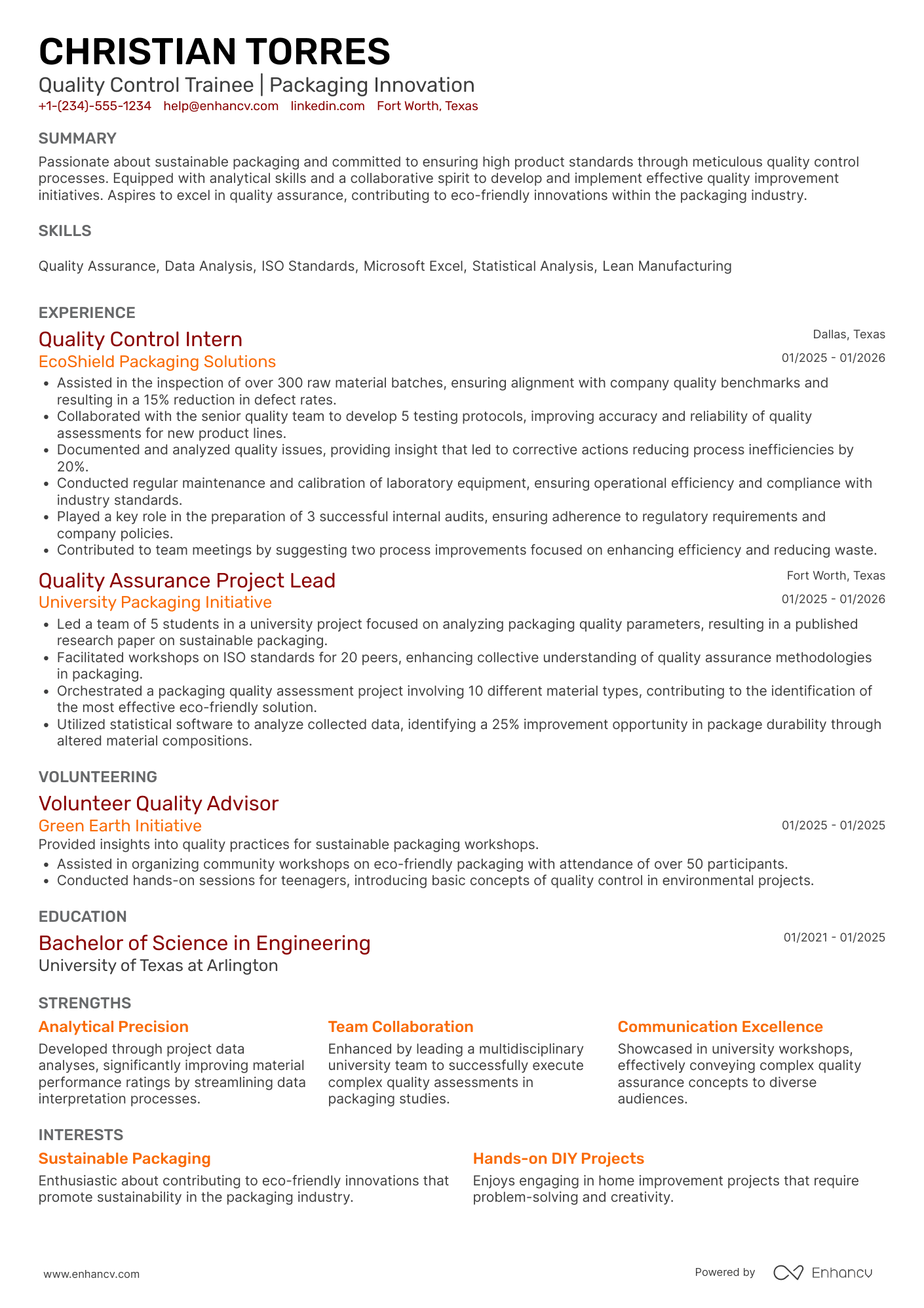 A resume example of a Quality Control Trainee