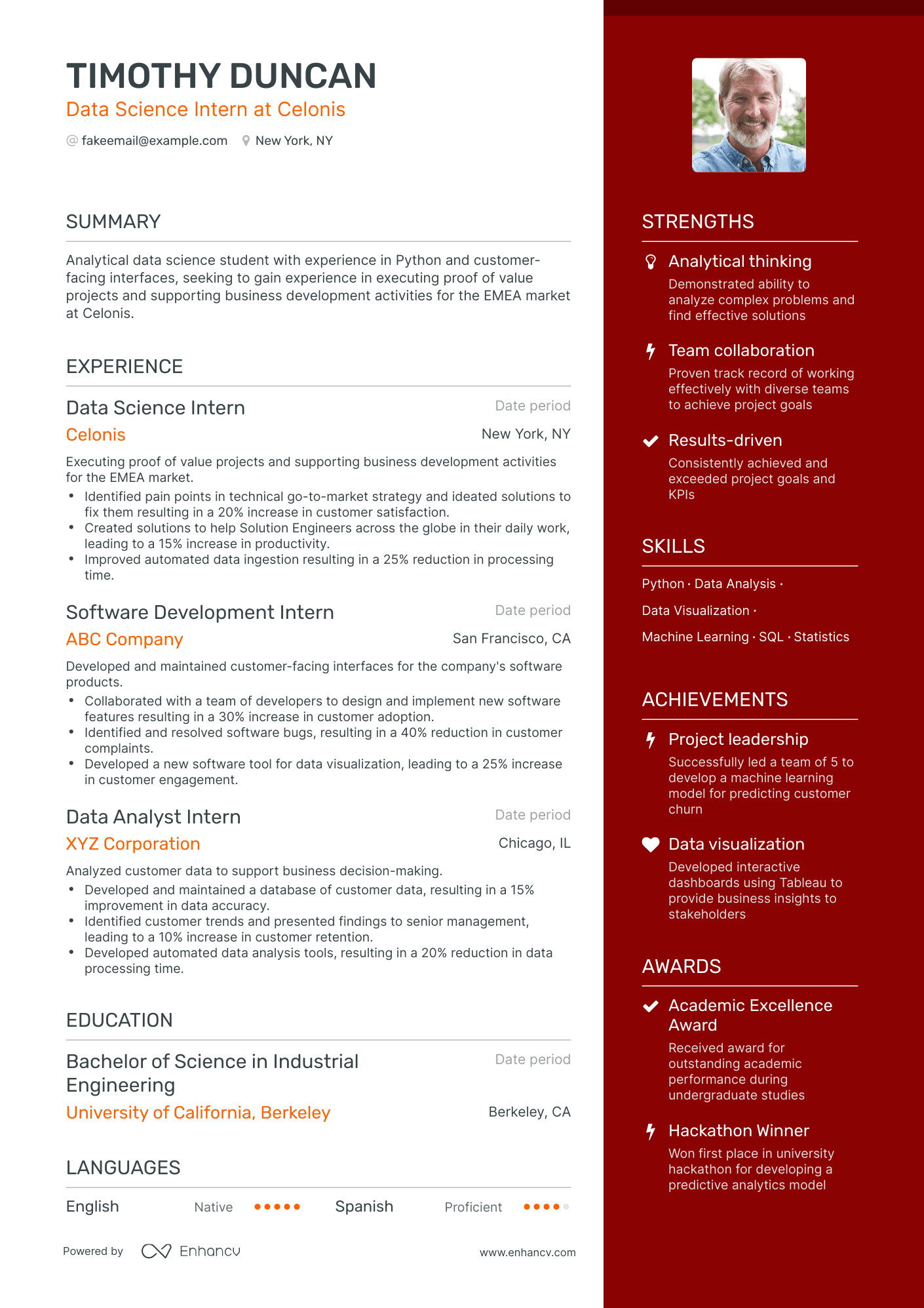 One Page Data Science Intern Resume Template