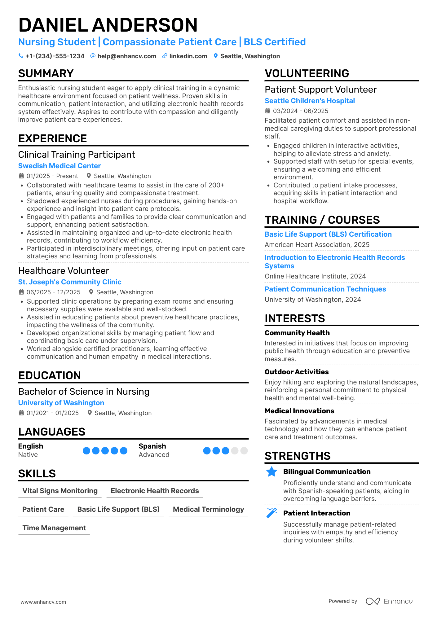 A resume example of a Nursing Student Intern