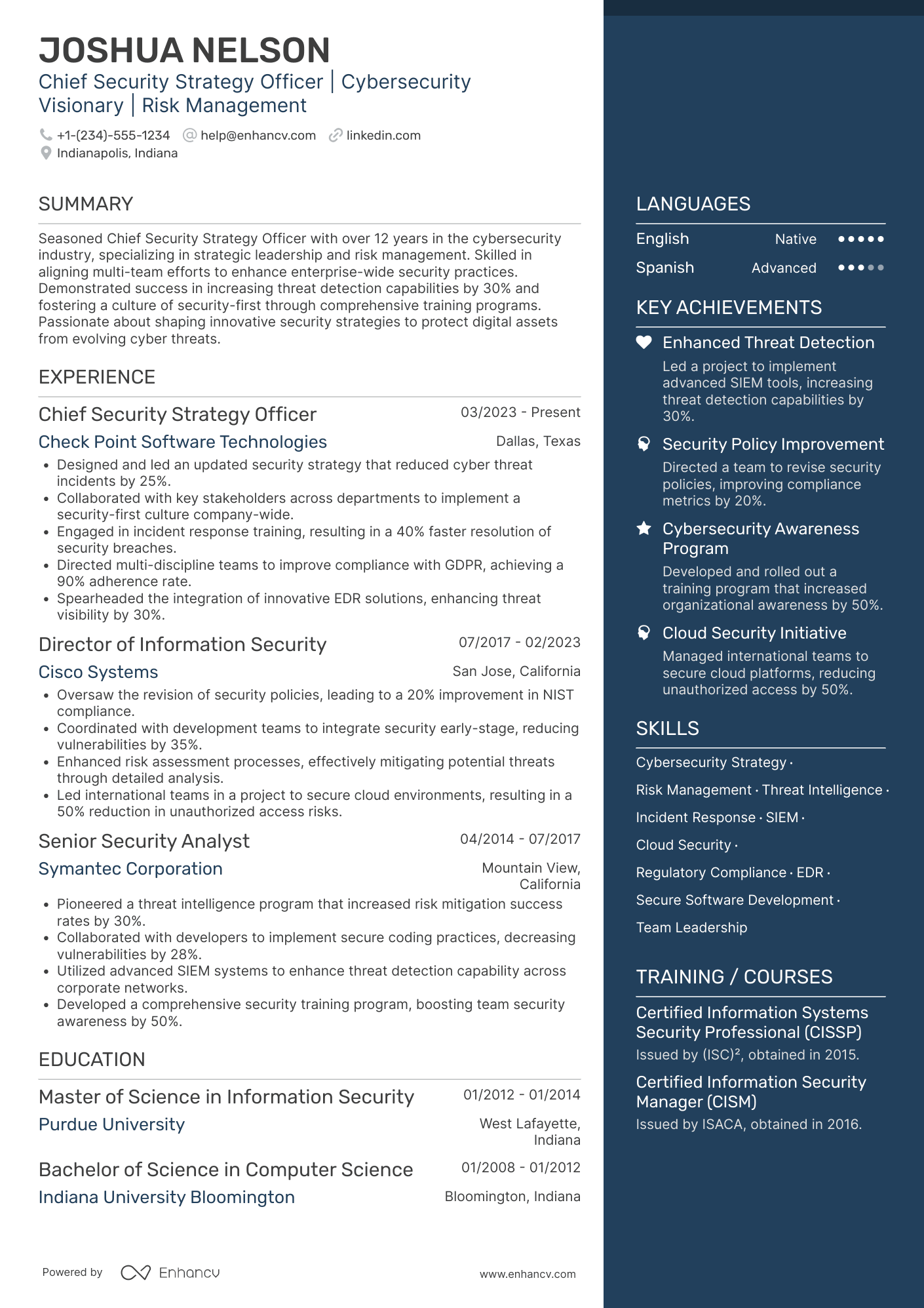 A resume example of a Chief Security Strategy Officer