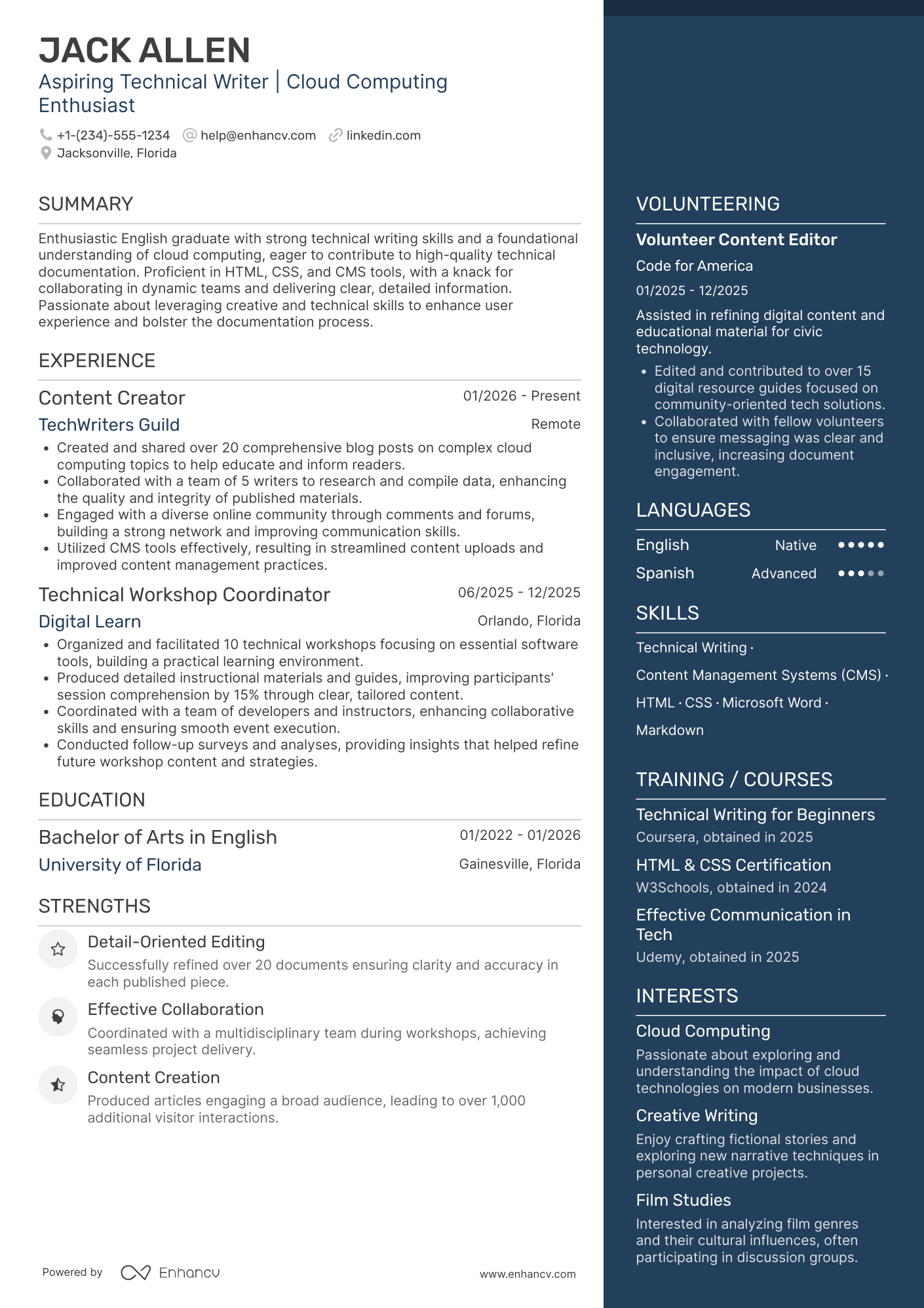 A resume example of a Technical Writing Intern