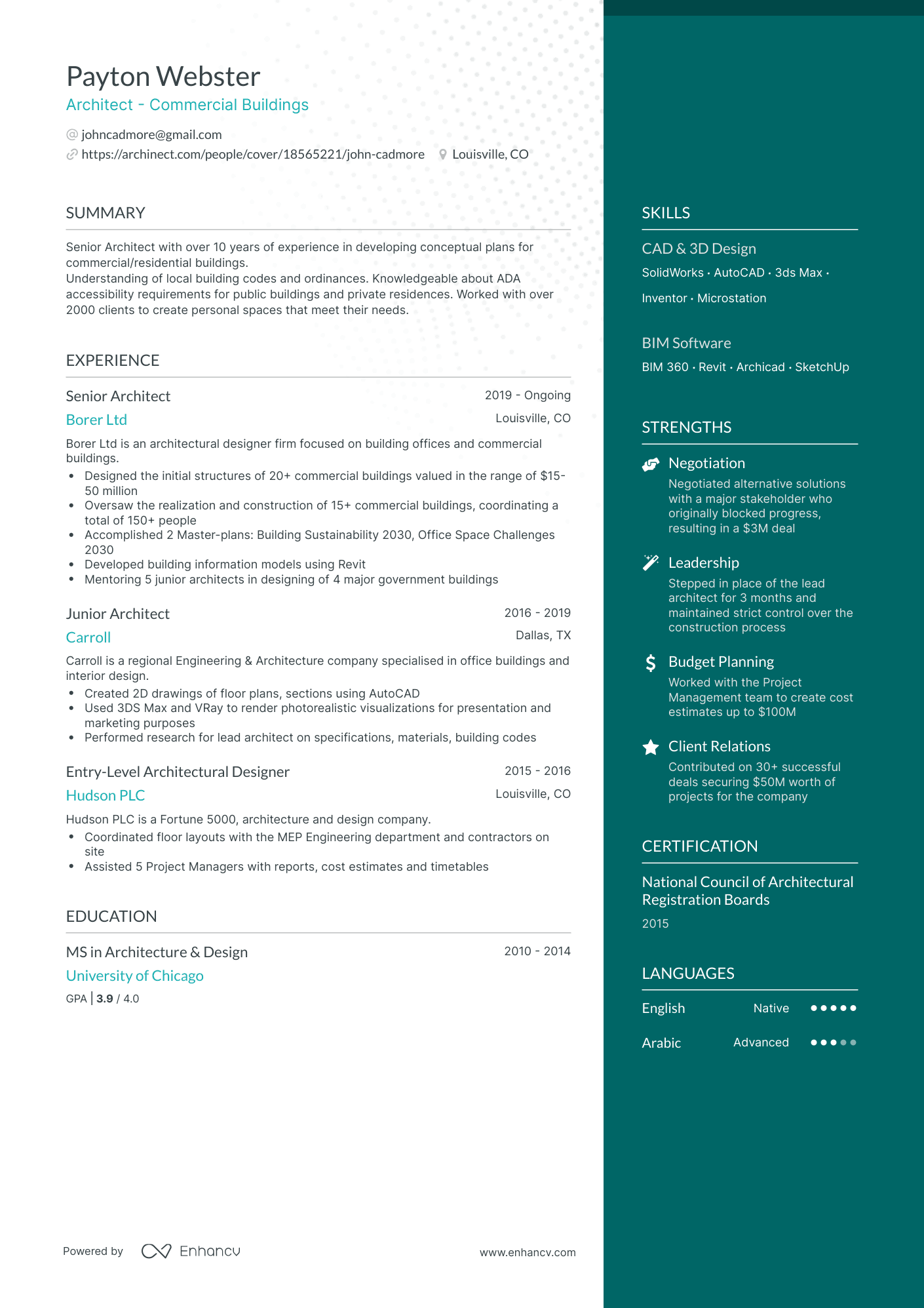 One Page Architect Resume Template