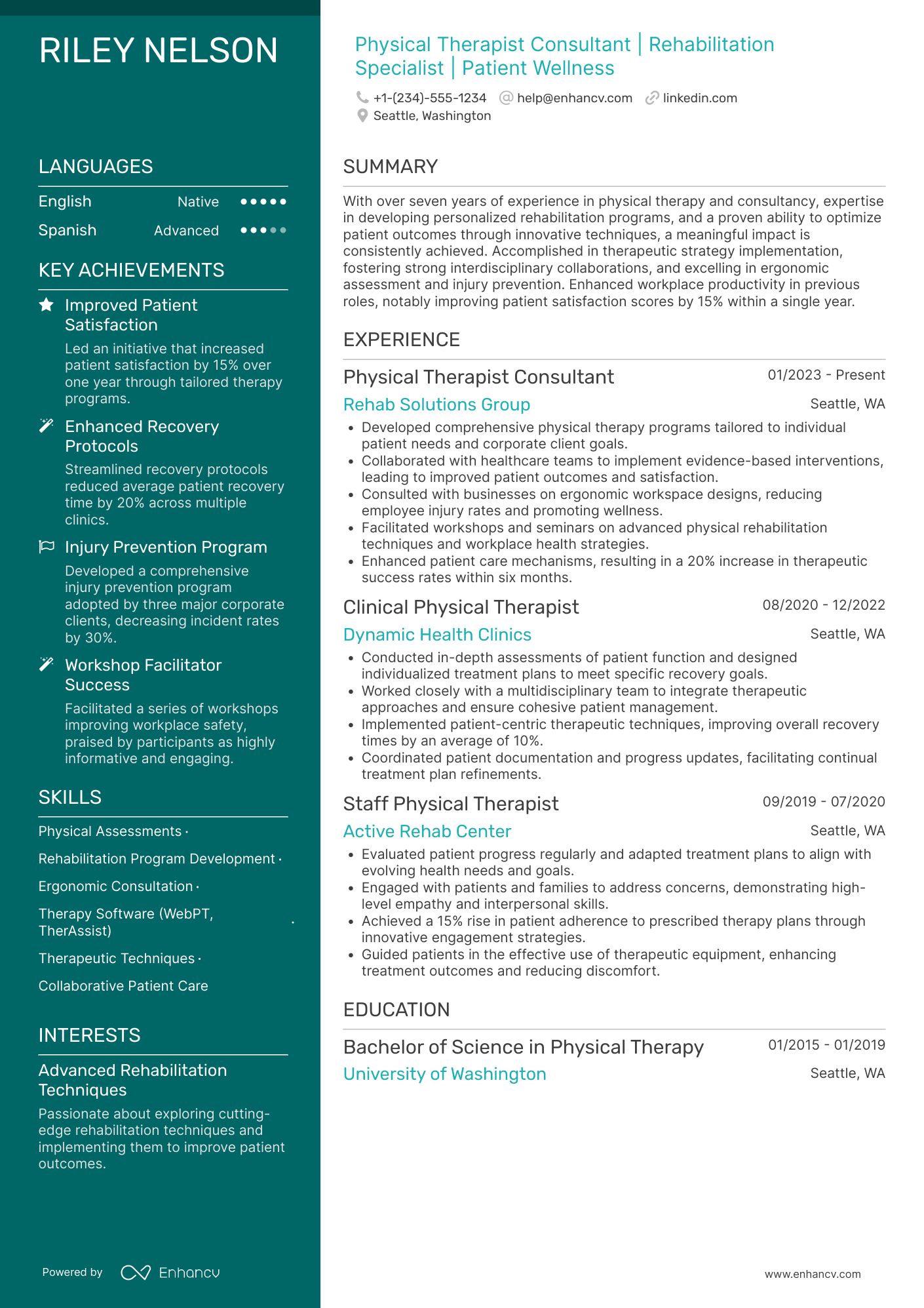 A resume example of a Physical Therapist Consultant