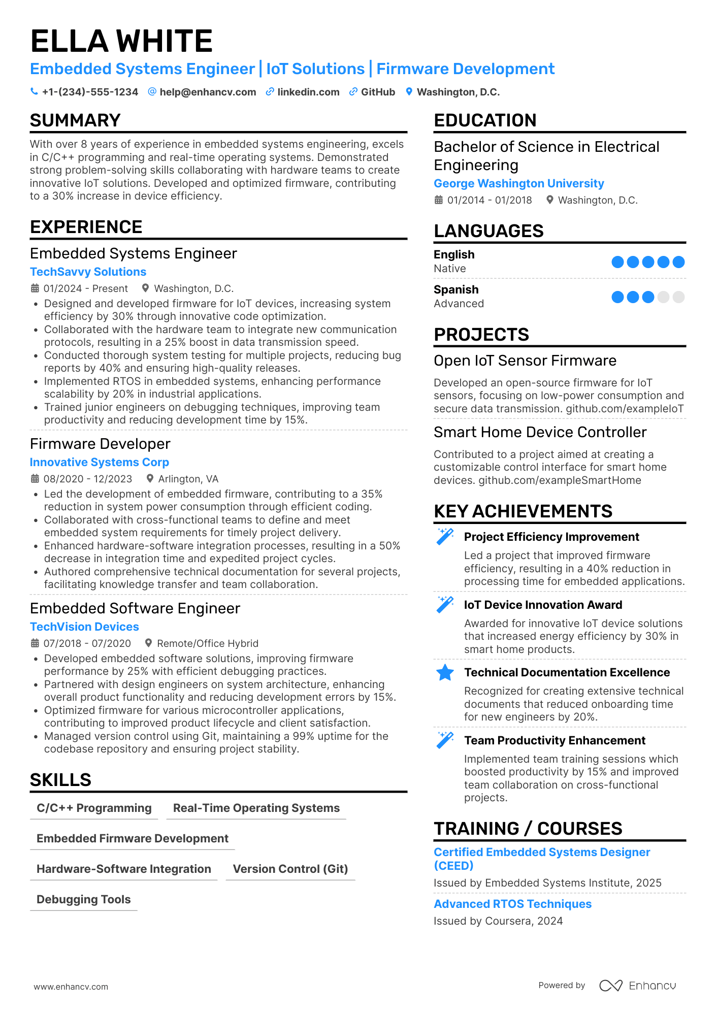 A resume example of a Embedded Systems Engineer