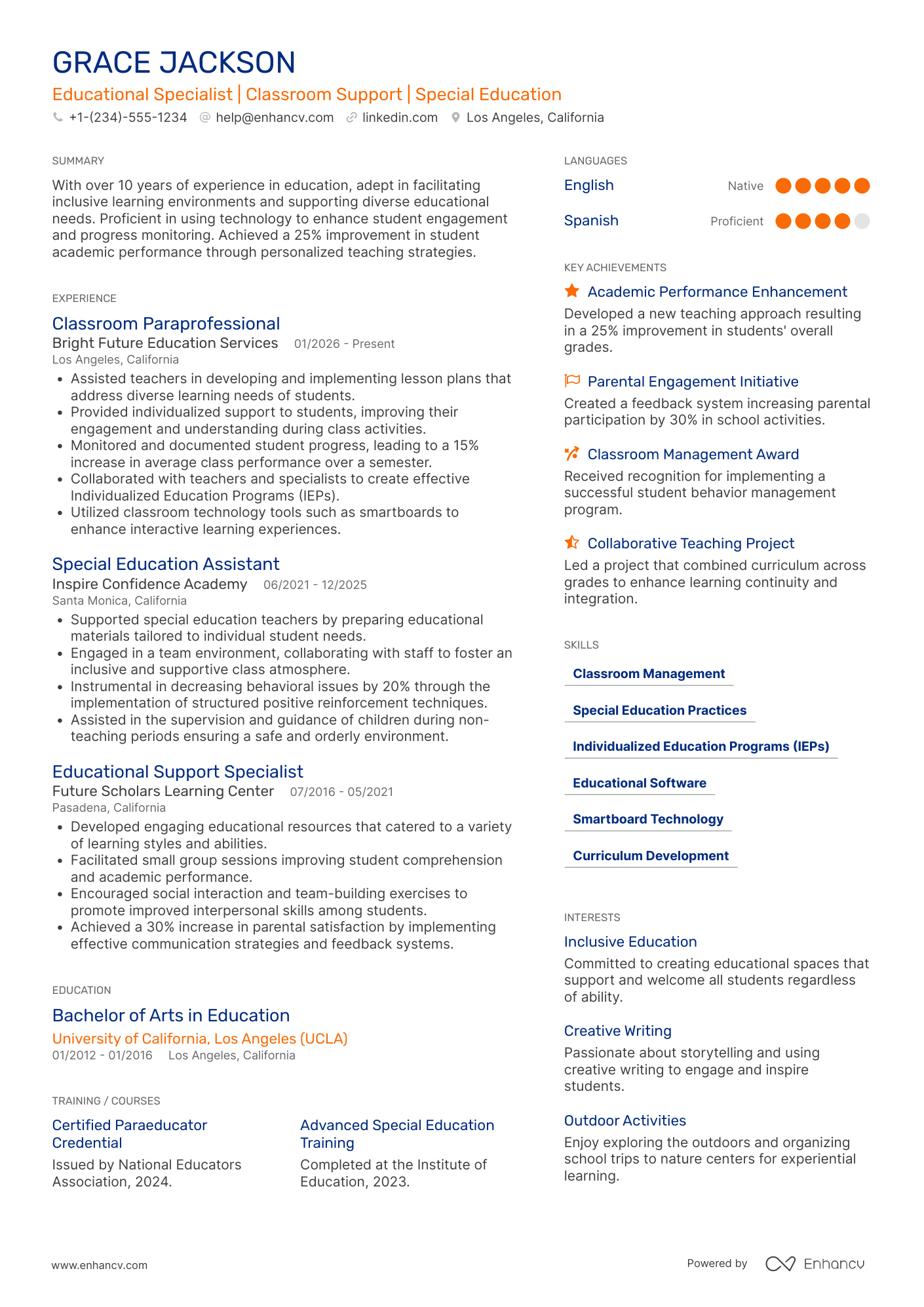 A resume example of a Classroom Paraprofessional