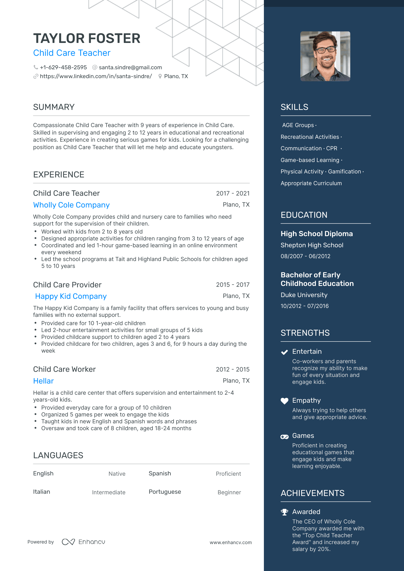 One Page Child Care Resume Template