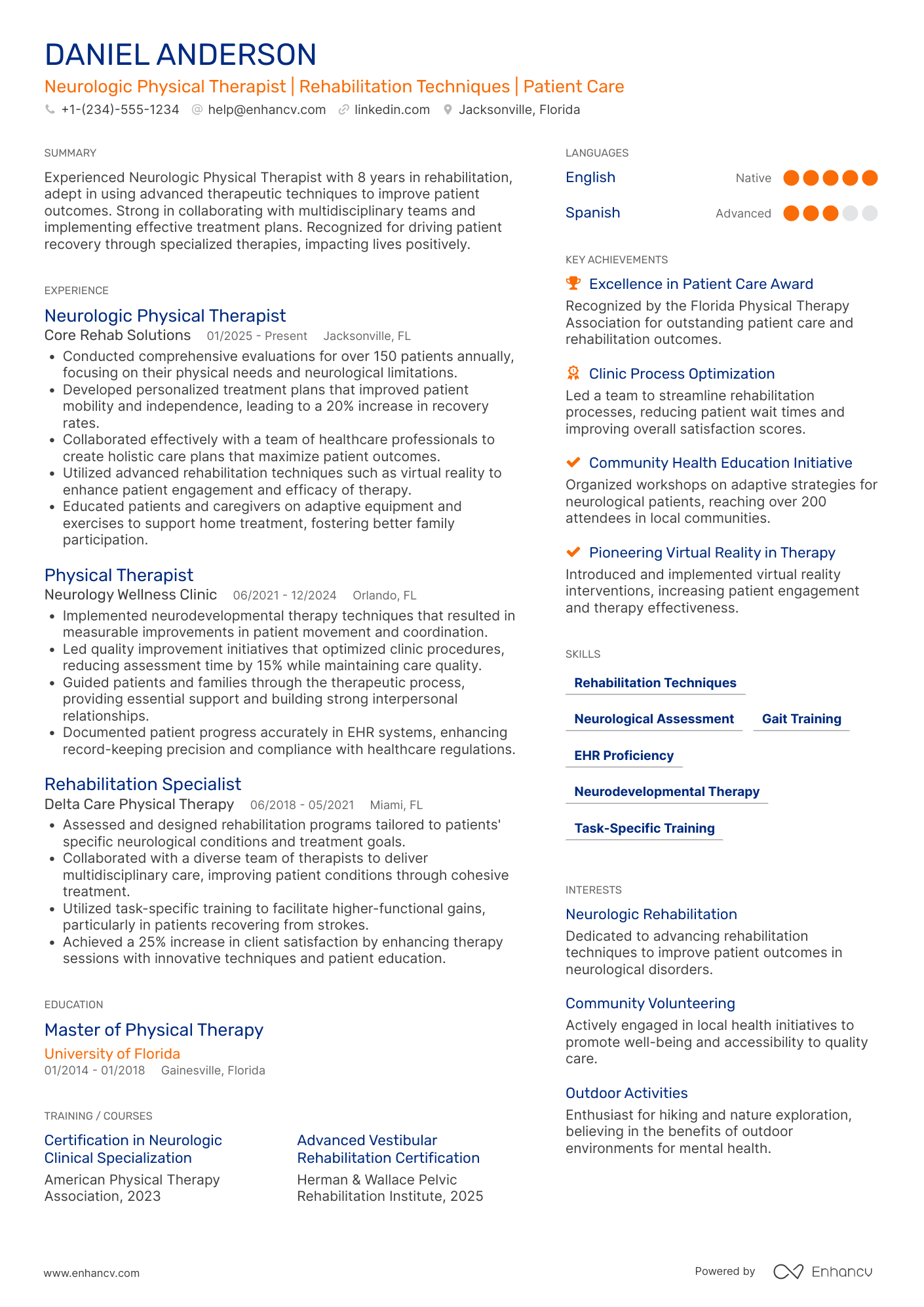 A resume example of a Neurologic Physical Therapist