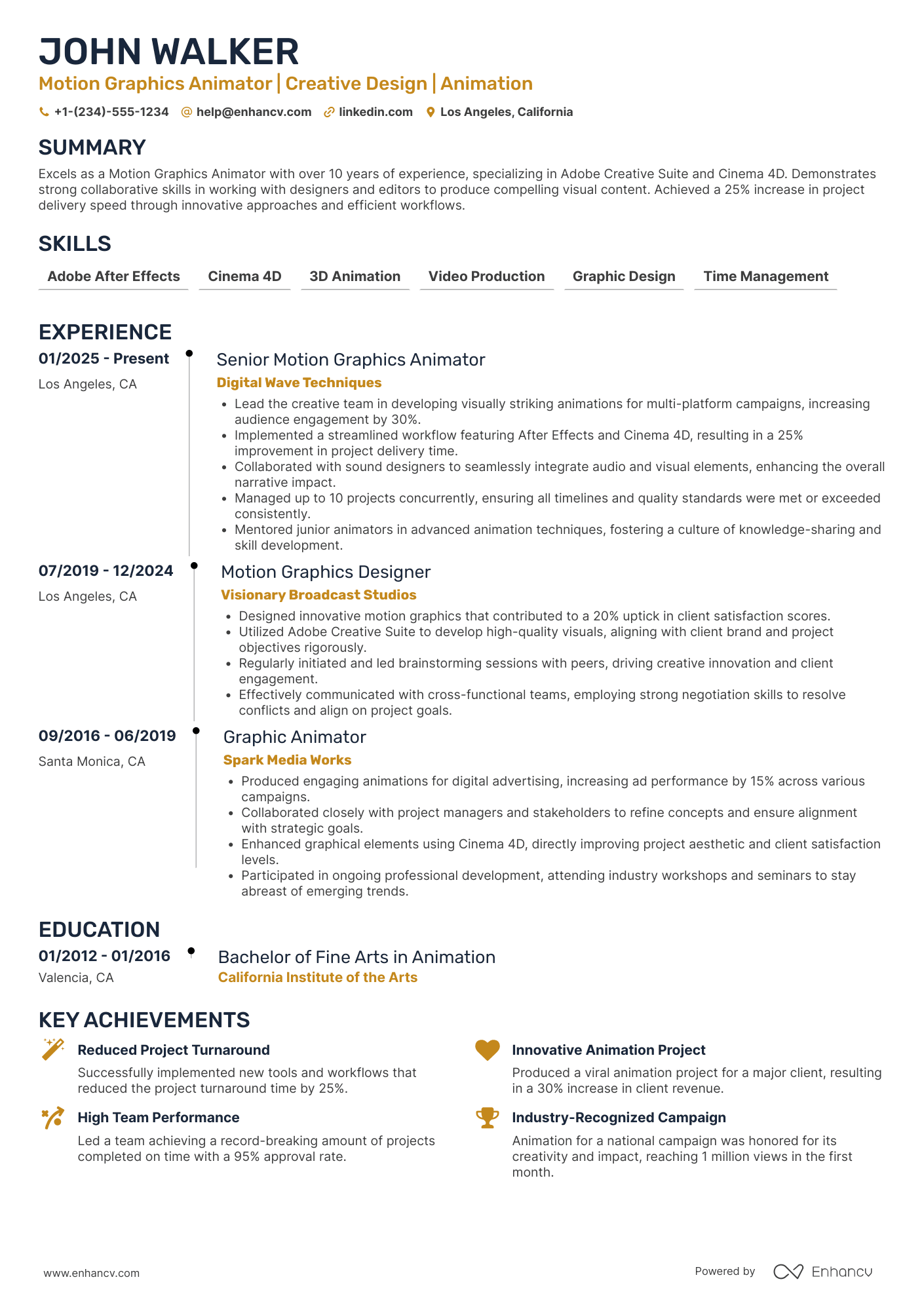 A resume example of a Motion Graphics Animator