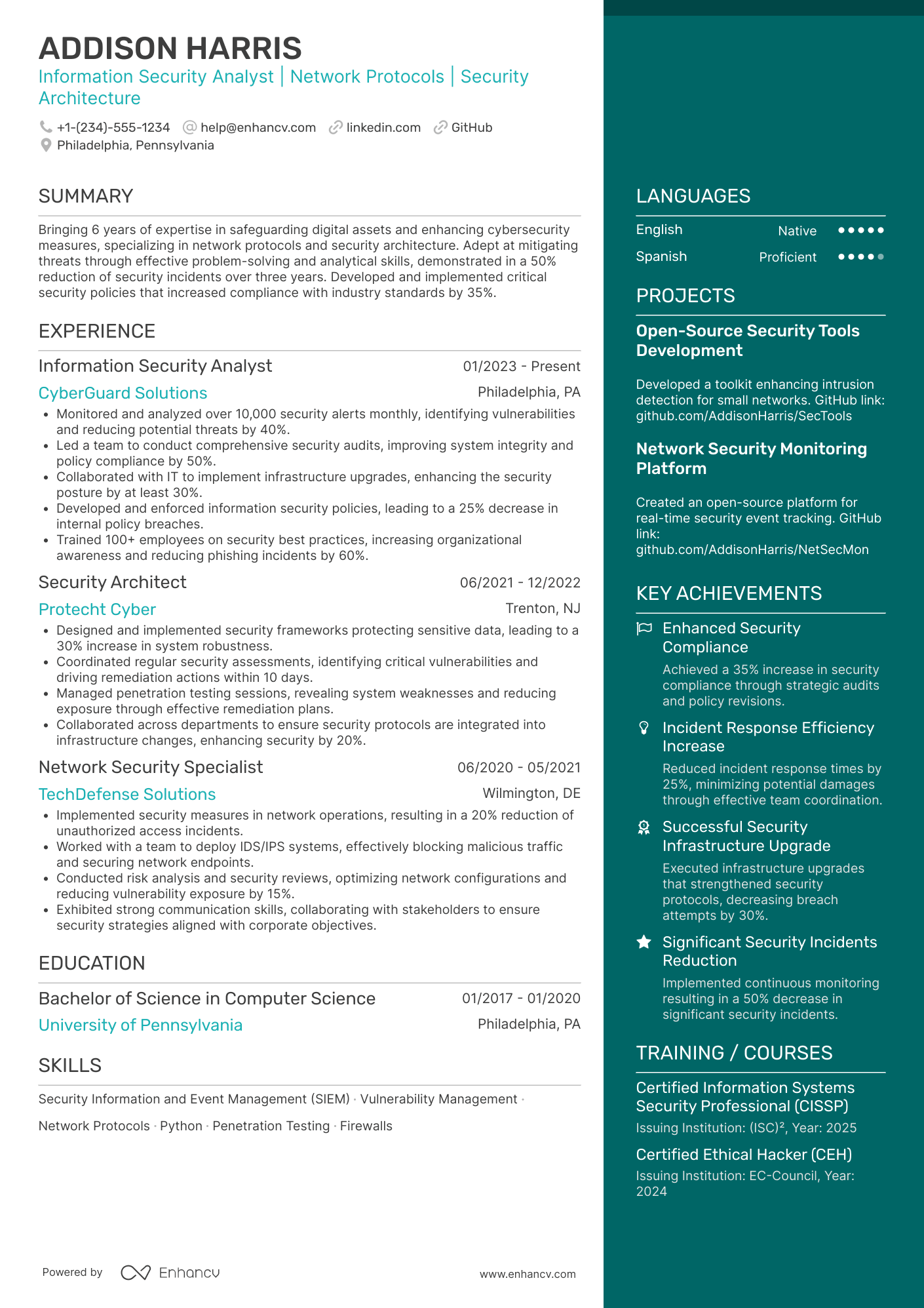 A resume example of a Computer Science Information Security Analyst