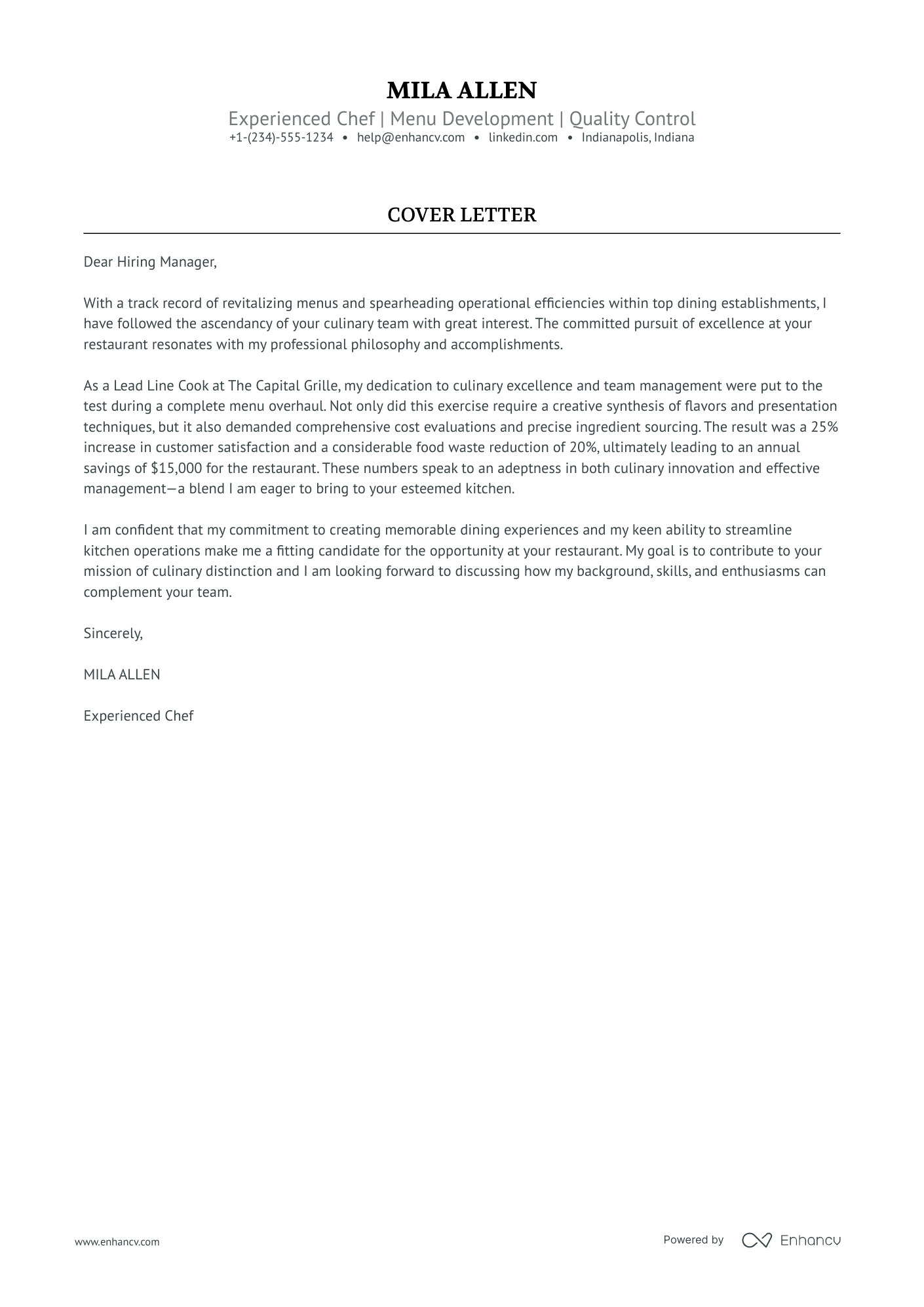 cover letter for chef in canada