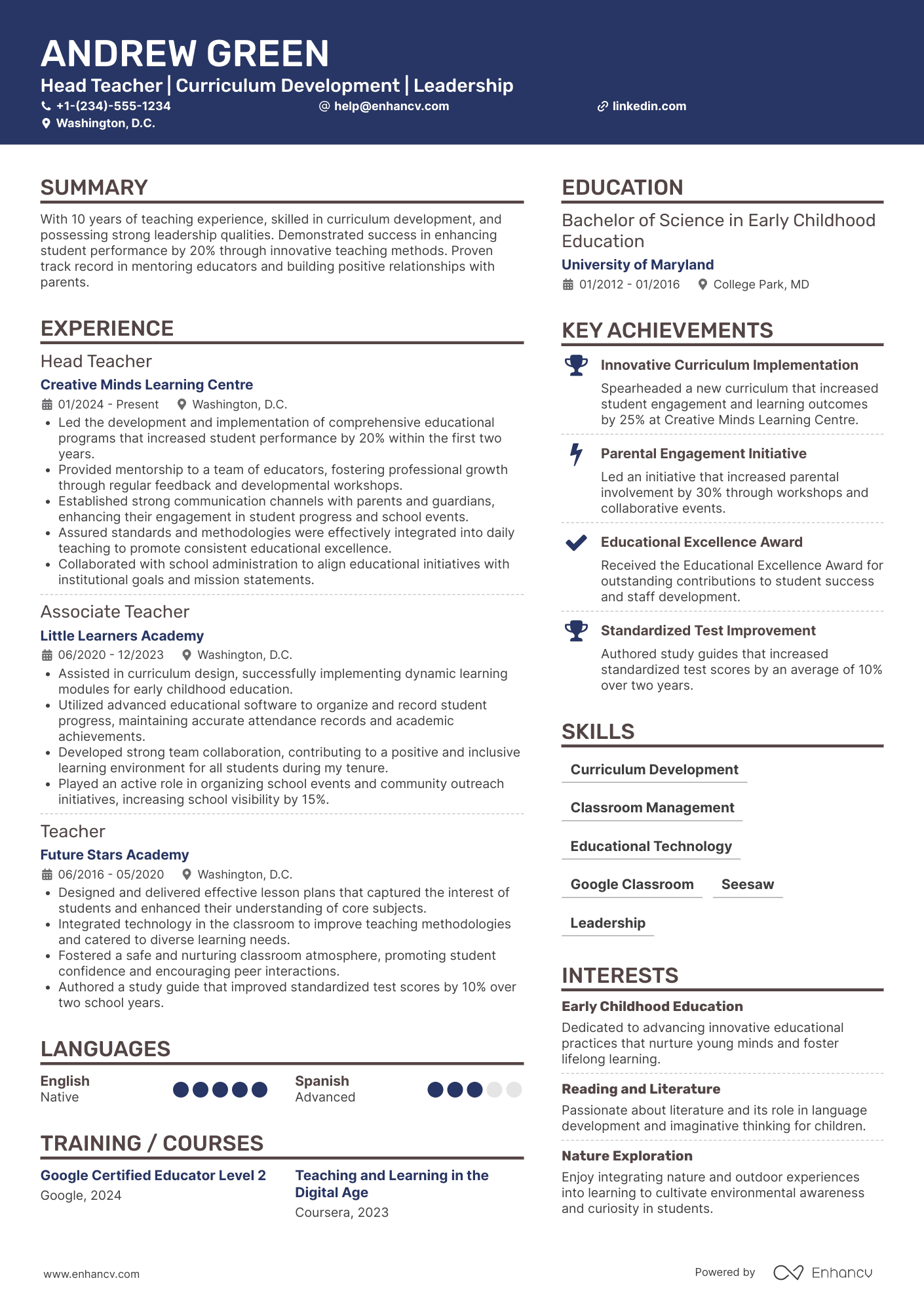 A resume example of a Head Teacher