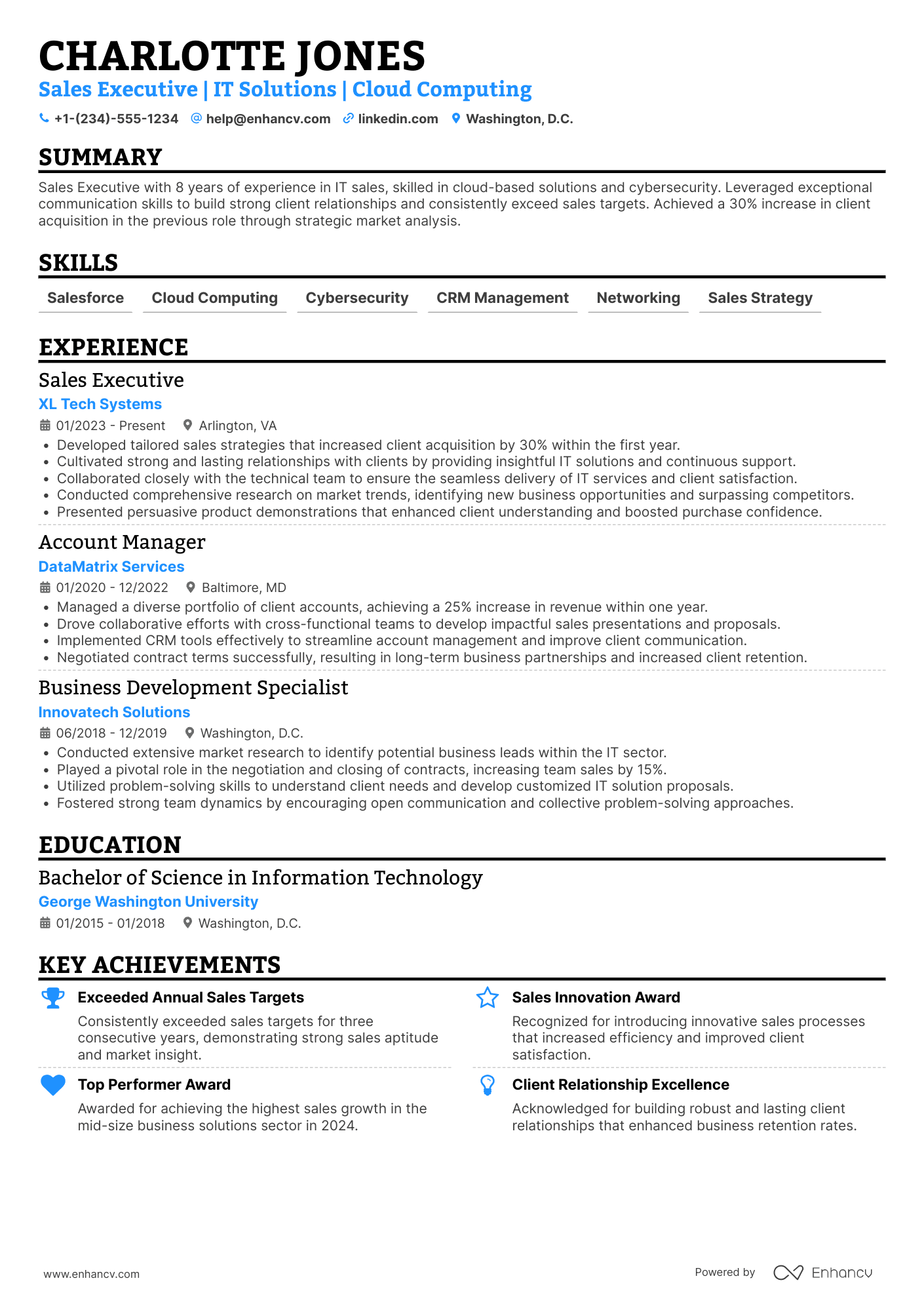 A resume example of a IT Sales Executive
