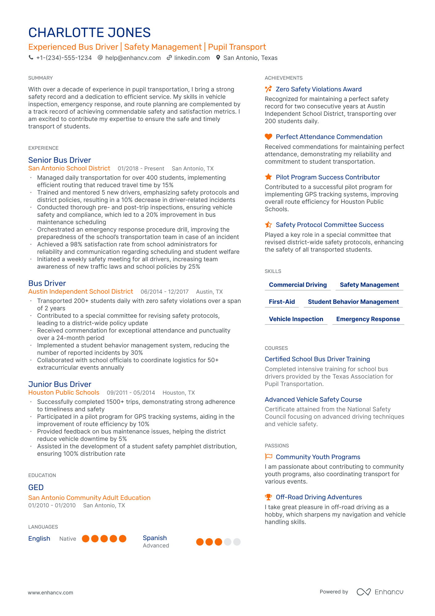 resume sample for bus driver