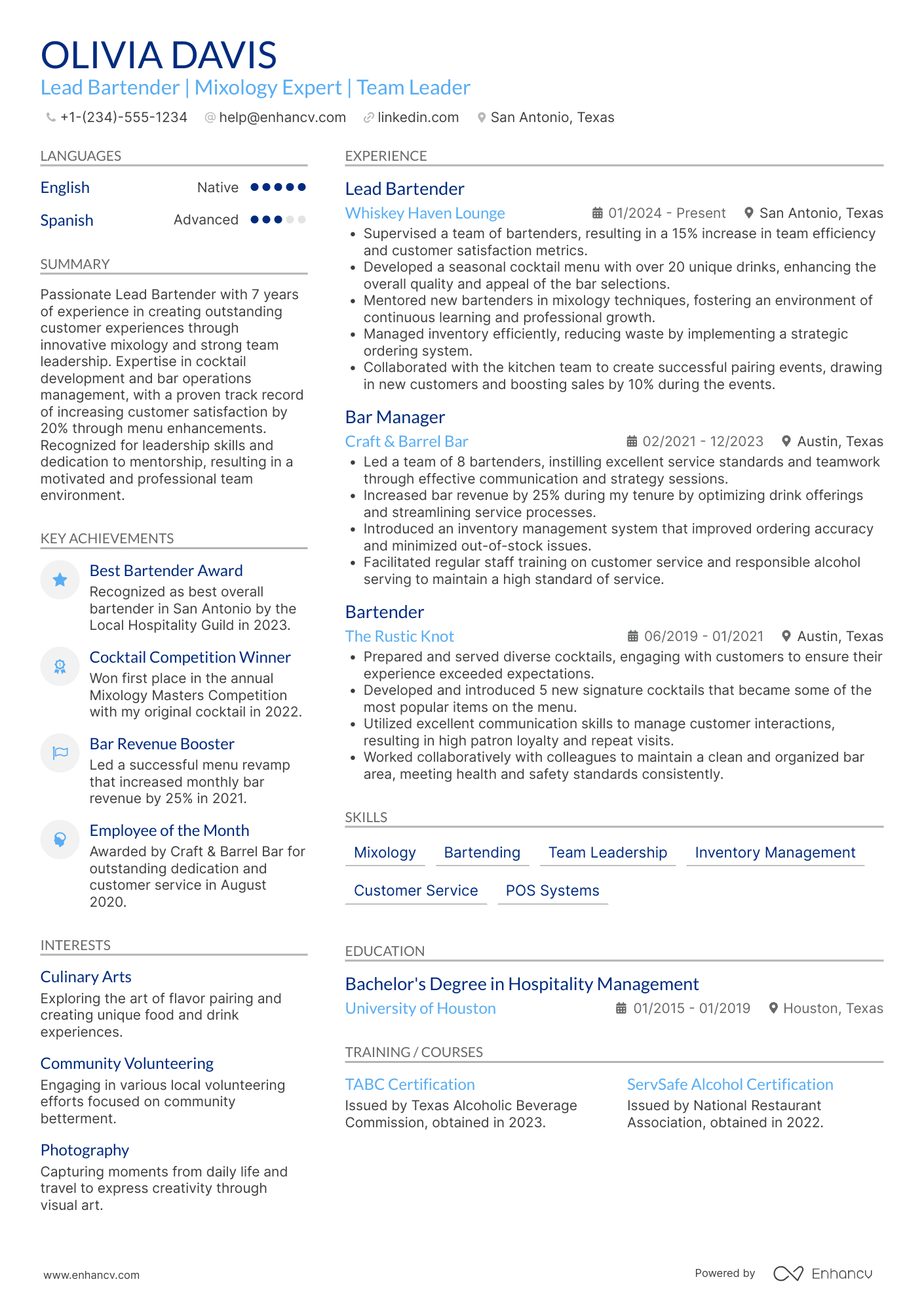 A resume example of a Lead Bartender