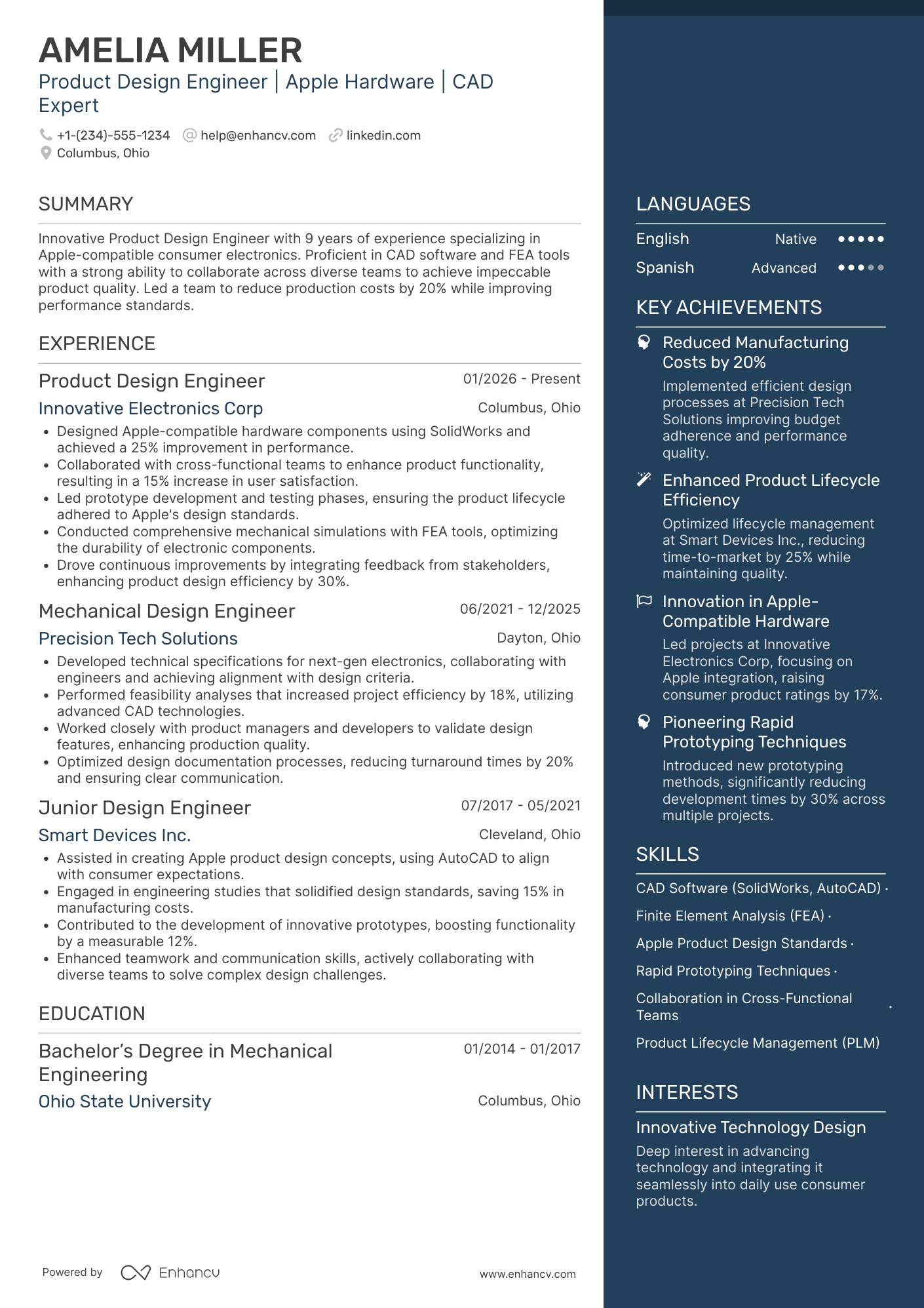 A resume example of a Apple Product Design Engineer