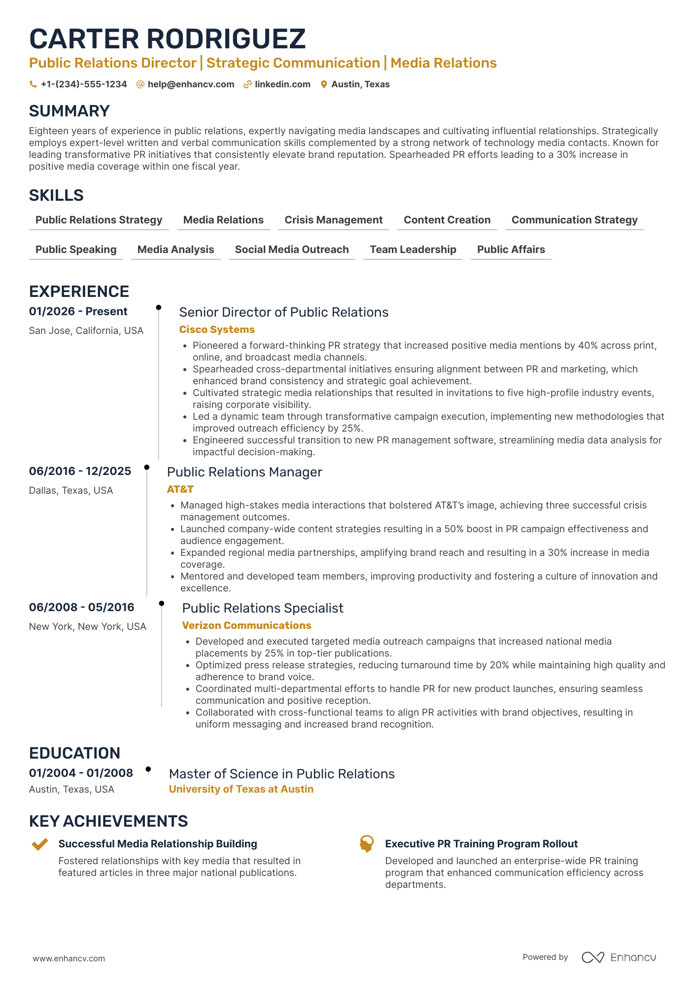A resume example of a Director of Public Relations