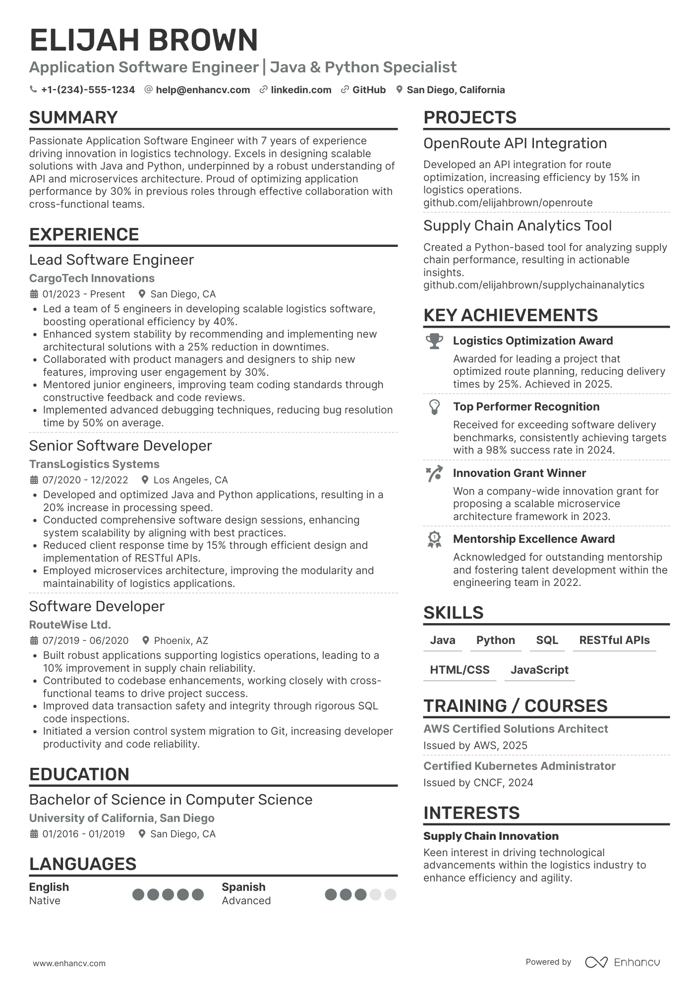 A resume example of a Application Software Engineer