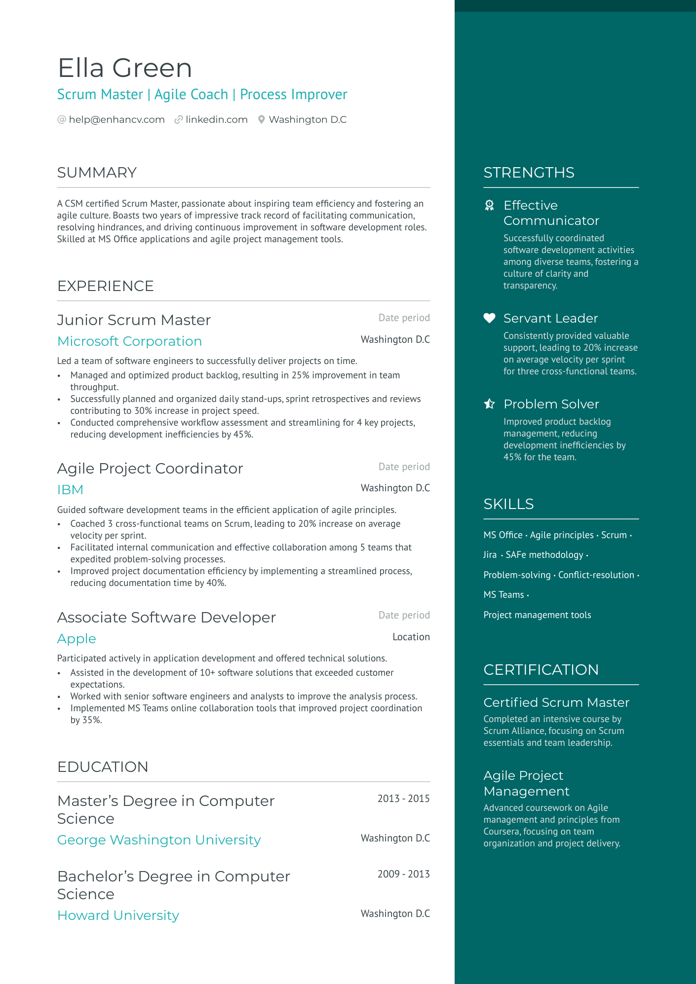 resume sample for scrum master