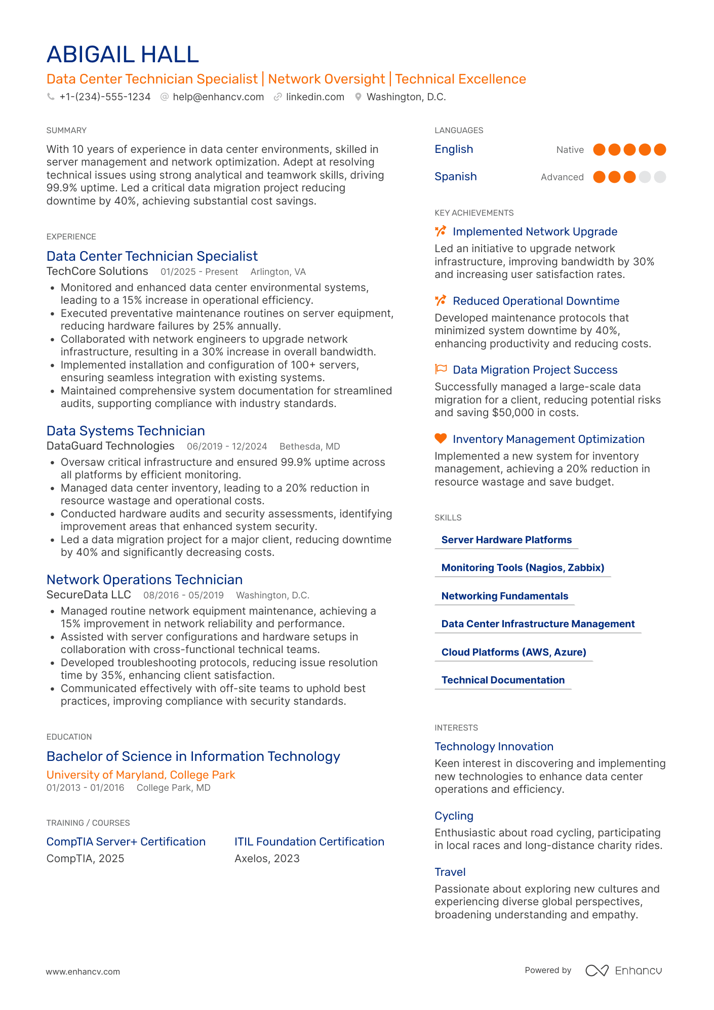A resume example of a Data Center Technician Specialist