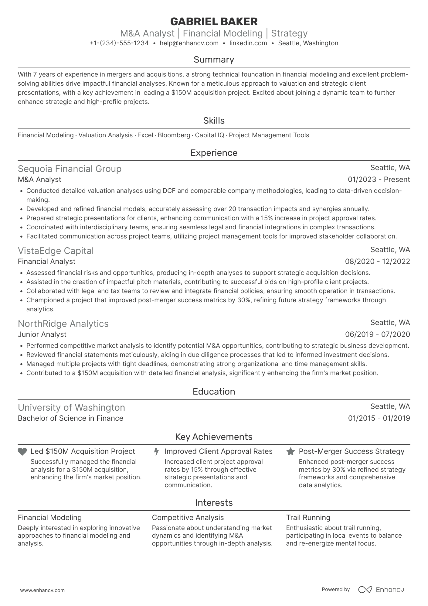 A resume example of a Mergers & Acquisitions Resume