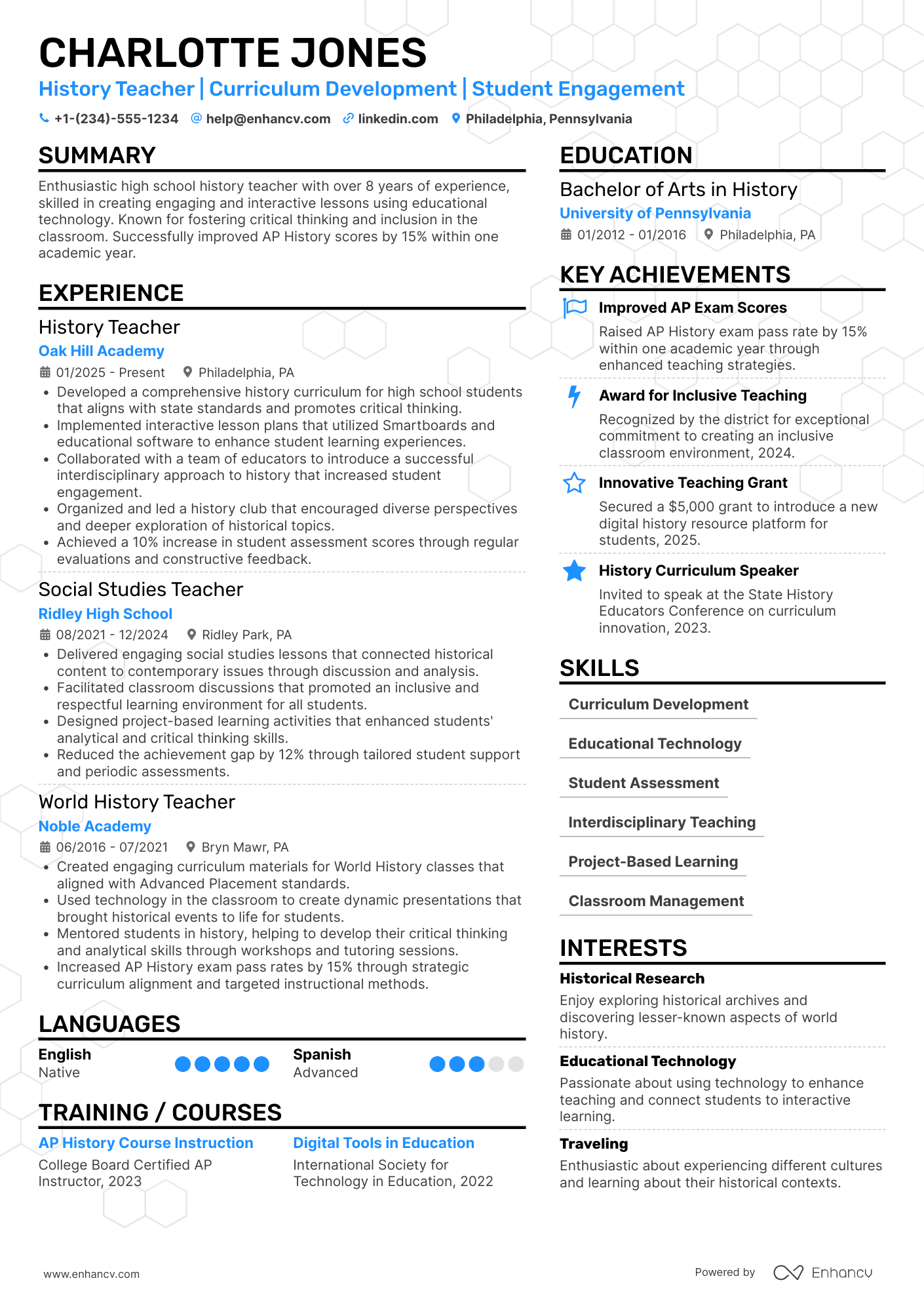 A resume example of a High School History Teacher