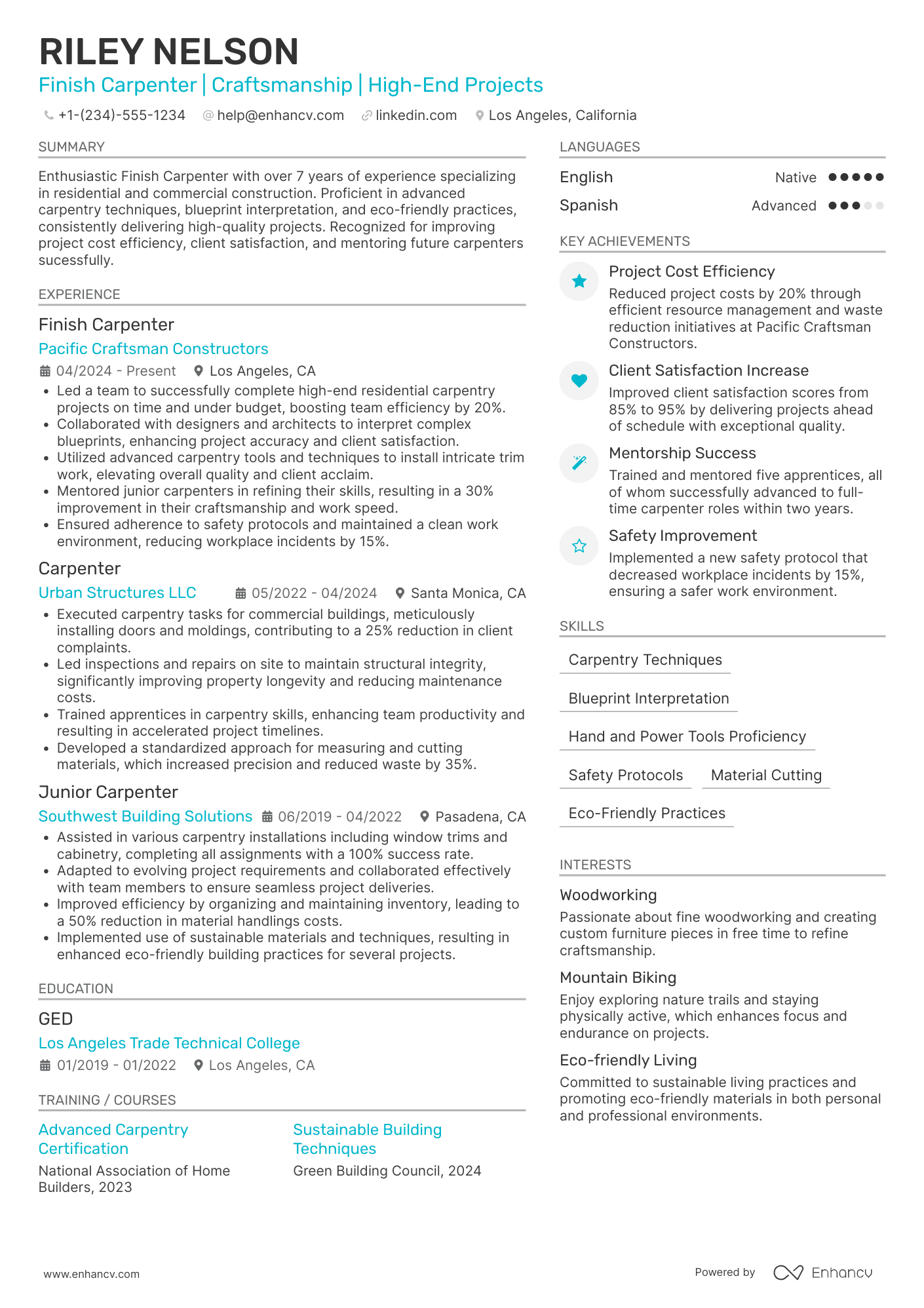 A resume example of a Finish Carpenter