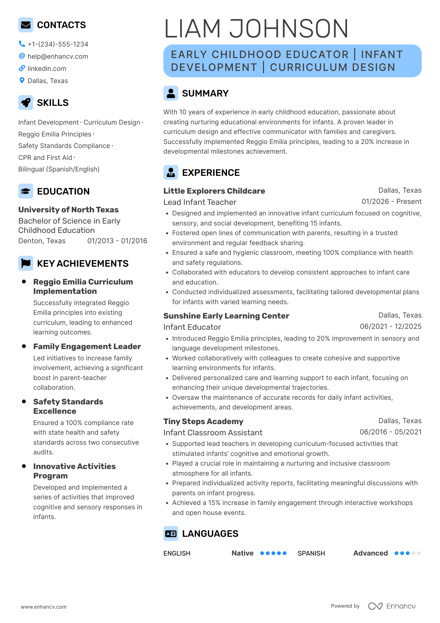 A resume example of a Infant Teacher