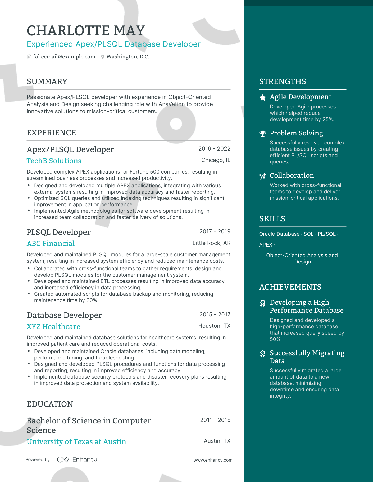 One Page Database Developer Resume Template