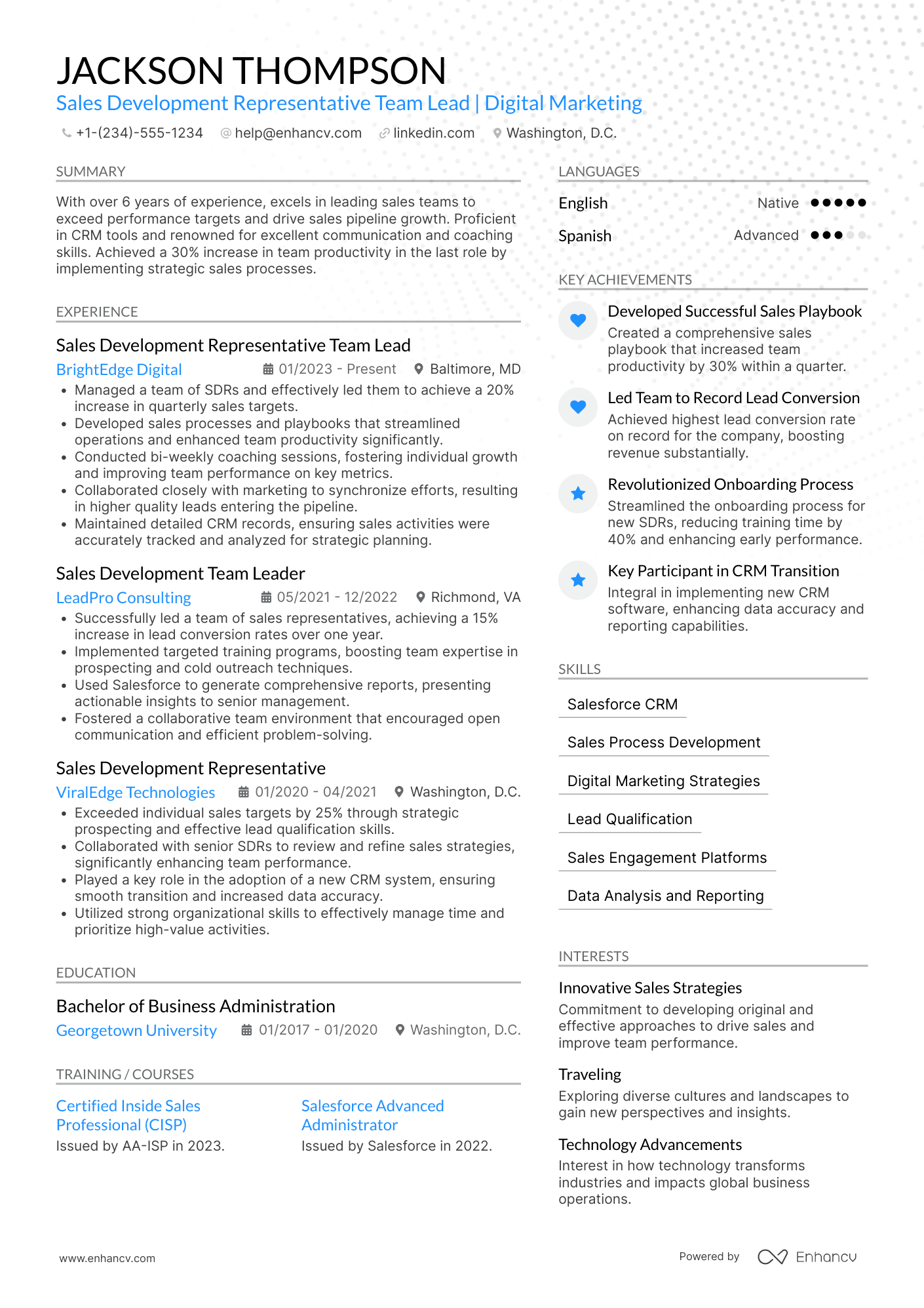 A resume example of a Sales Development Representative Team Lead