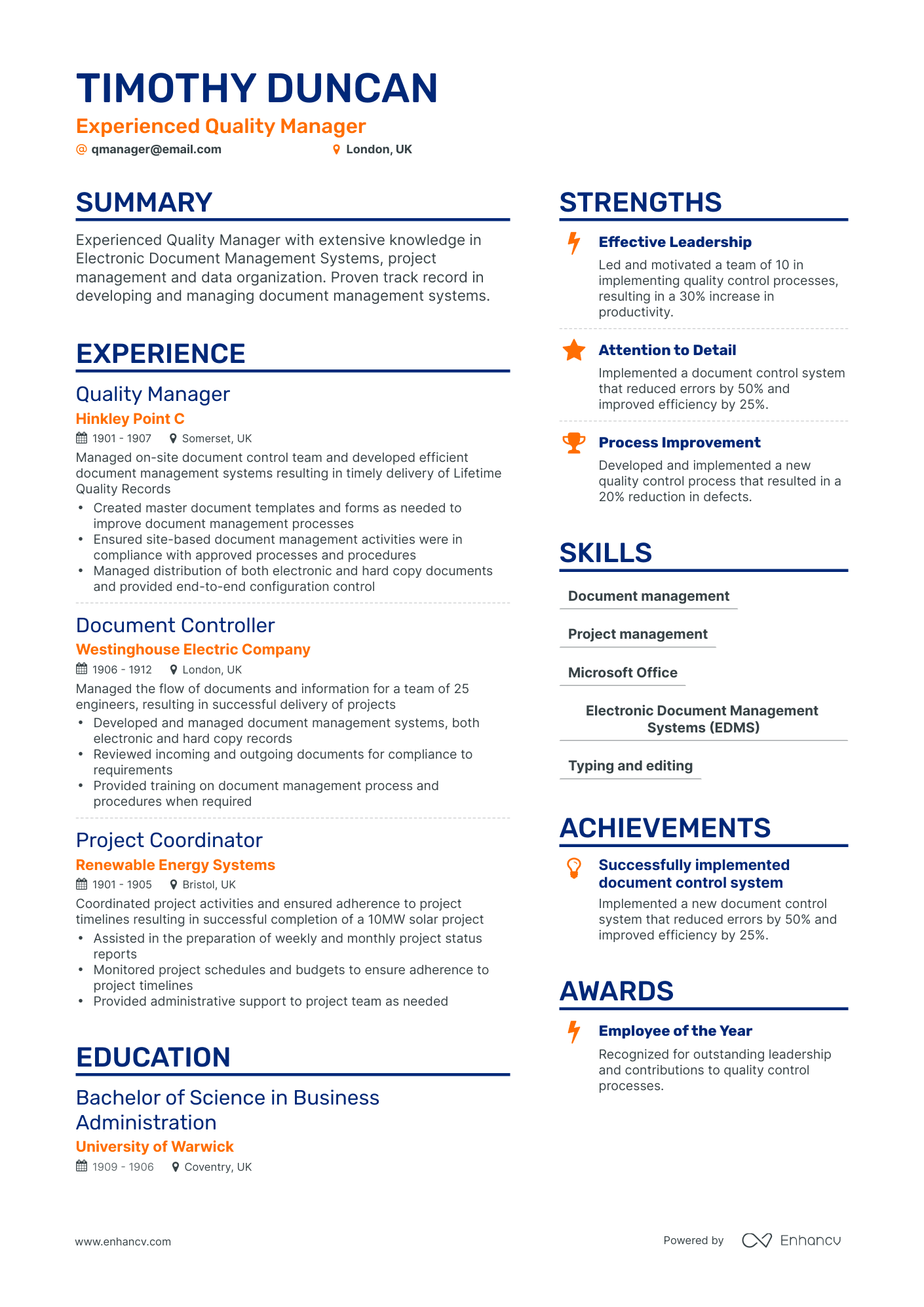 Simple Quality Manager Resume Template