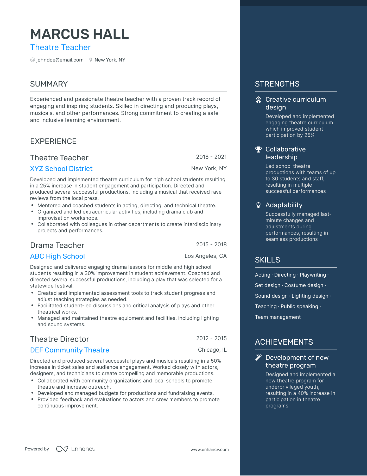 One Page Theatre Teacher Resume Template