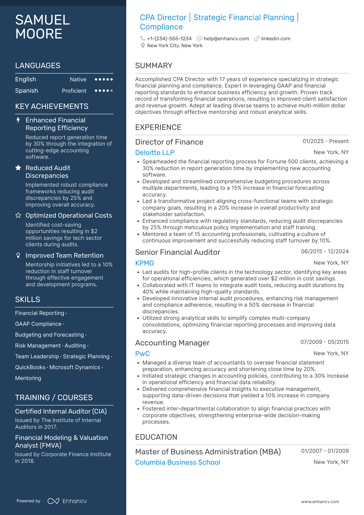A resume example of a CPA Director