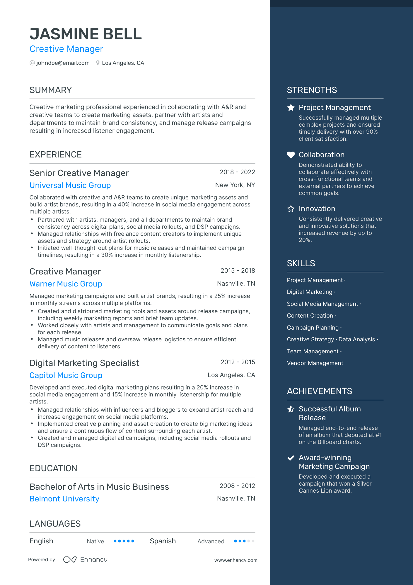 A resume example of a Creative Manager
