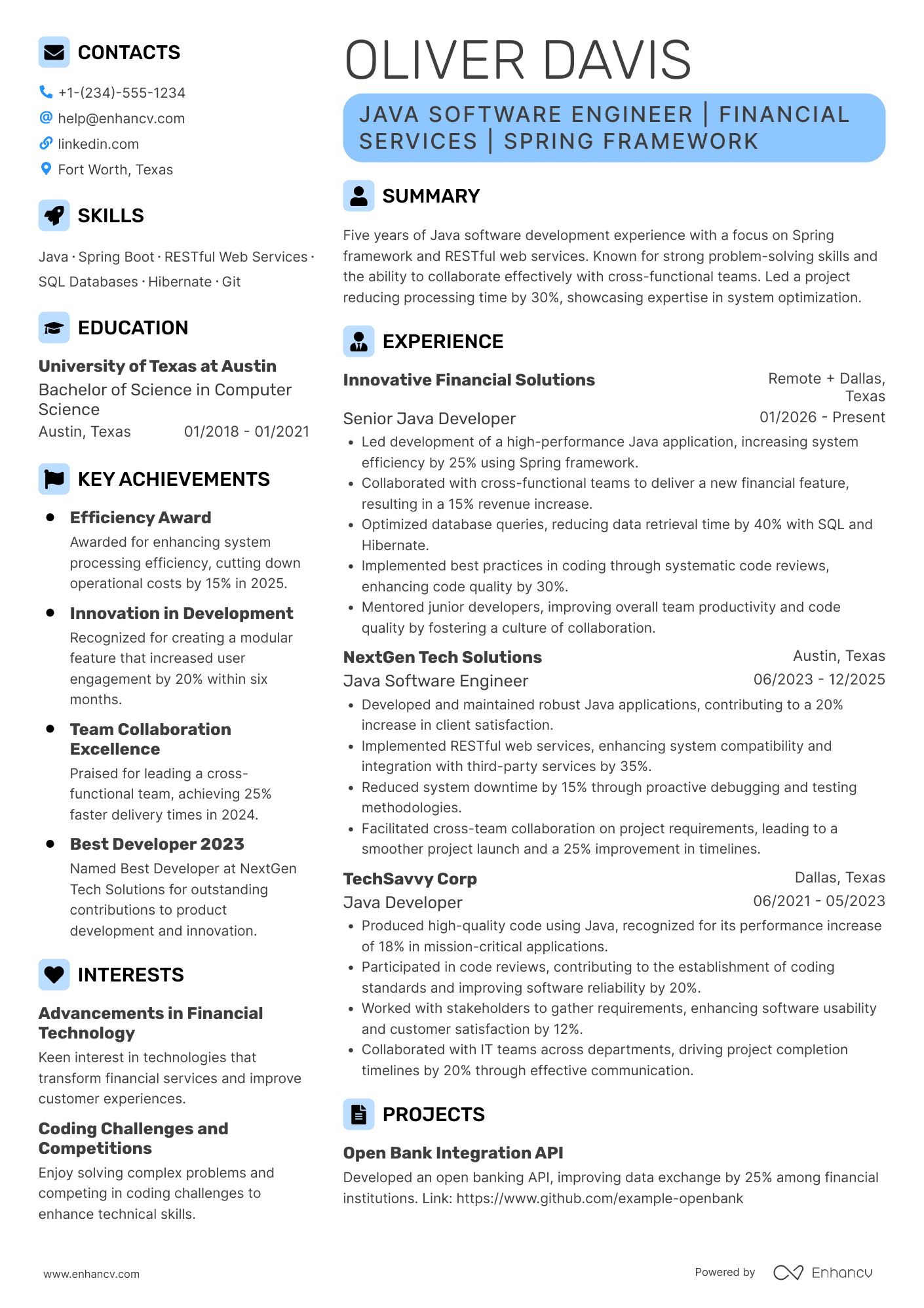 A resume example of a Java Software Engineer