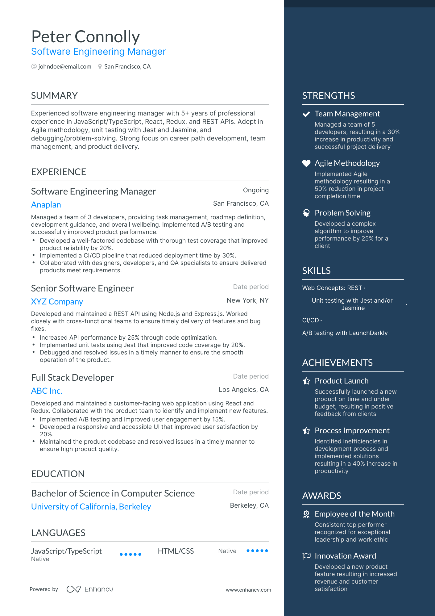 One Page Software Engineering Manager Resume Template