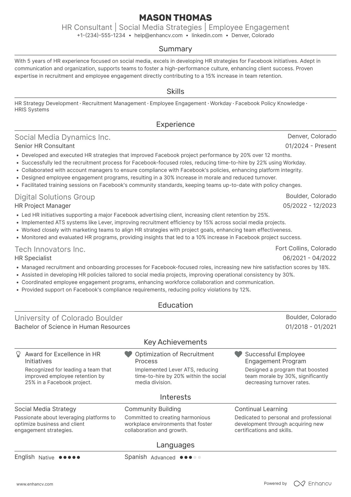 A resume example of a Facebook HR Consultant